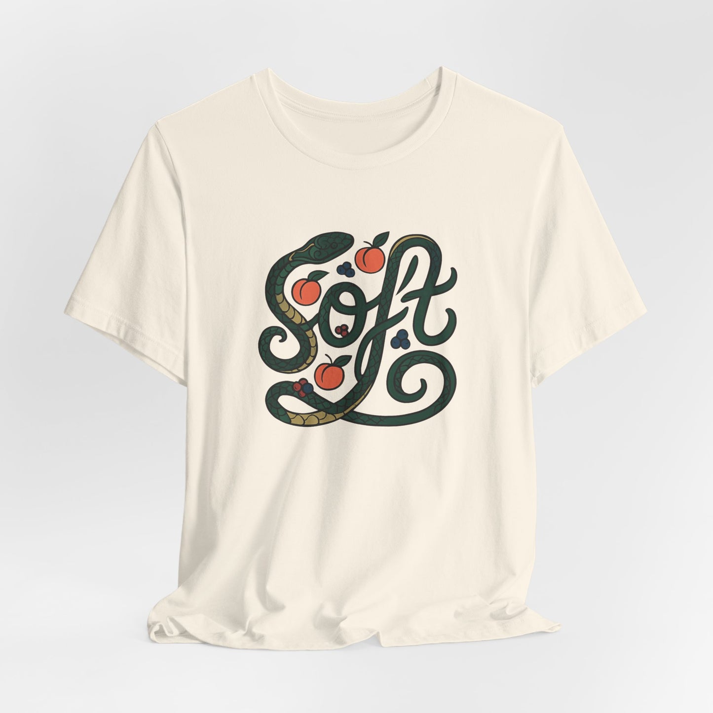 Soft Snake Typography T-Shirt – Serpent & Peach Swirl Design for Nature & Art Lovers