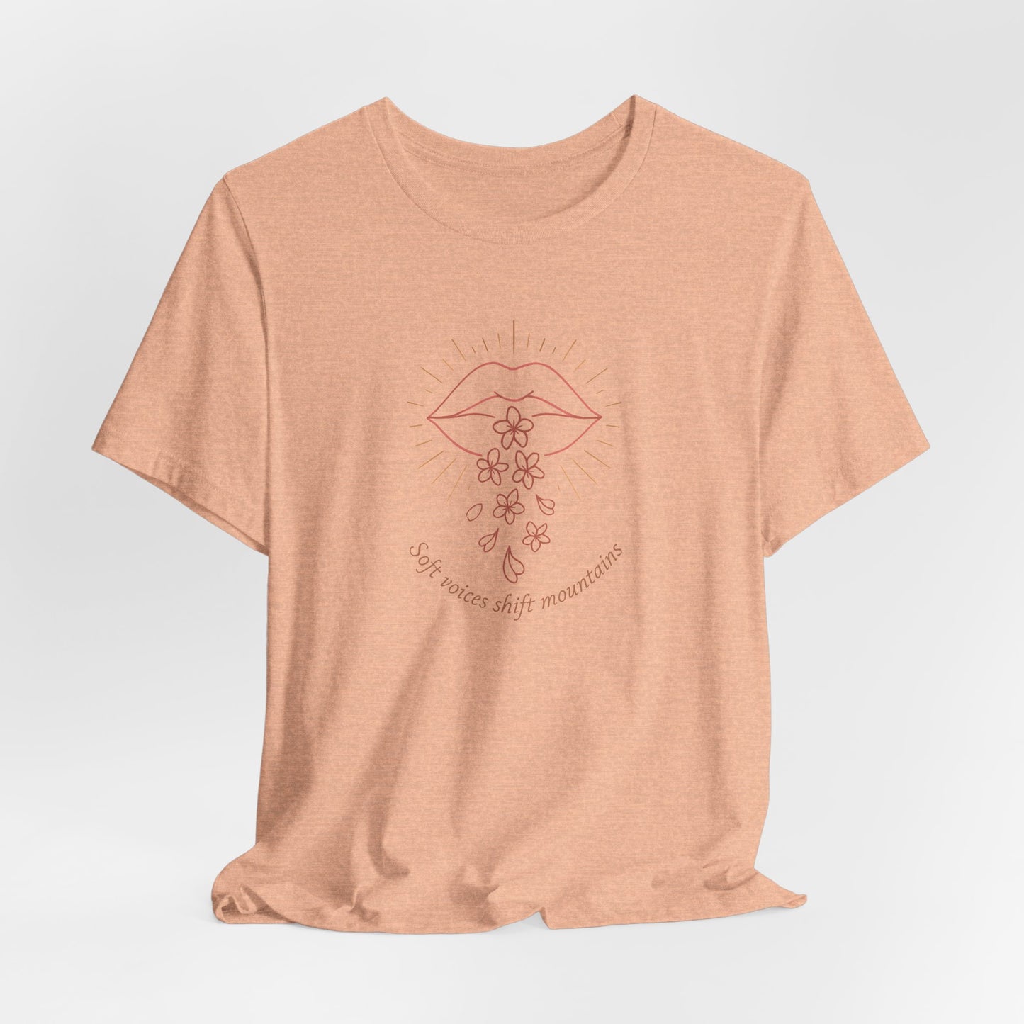 Soft Voices Shift Mountains T-Shirt – Minimalist Lips & Floral Line Art