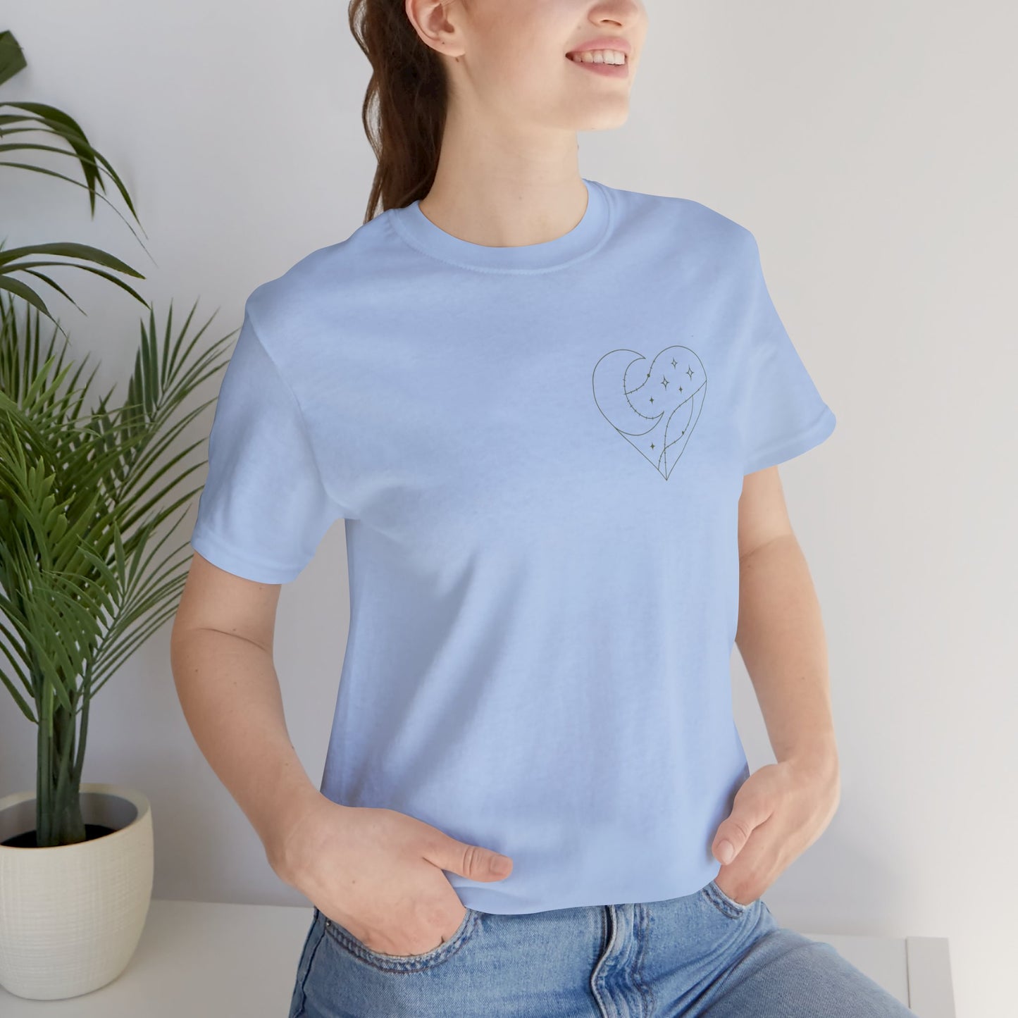 Cosmic Heart Pocket Tee – Minimalist Moon & Stars Graphic T-Shirt | Unisex Spiritual Gift Top