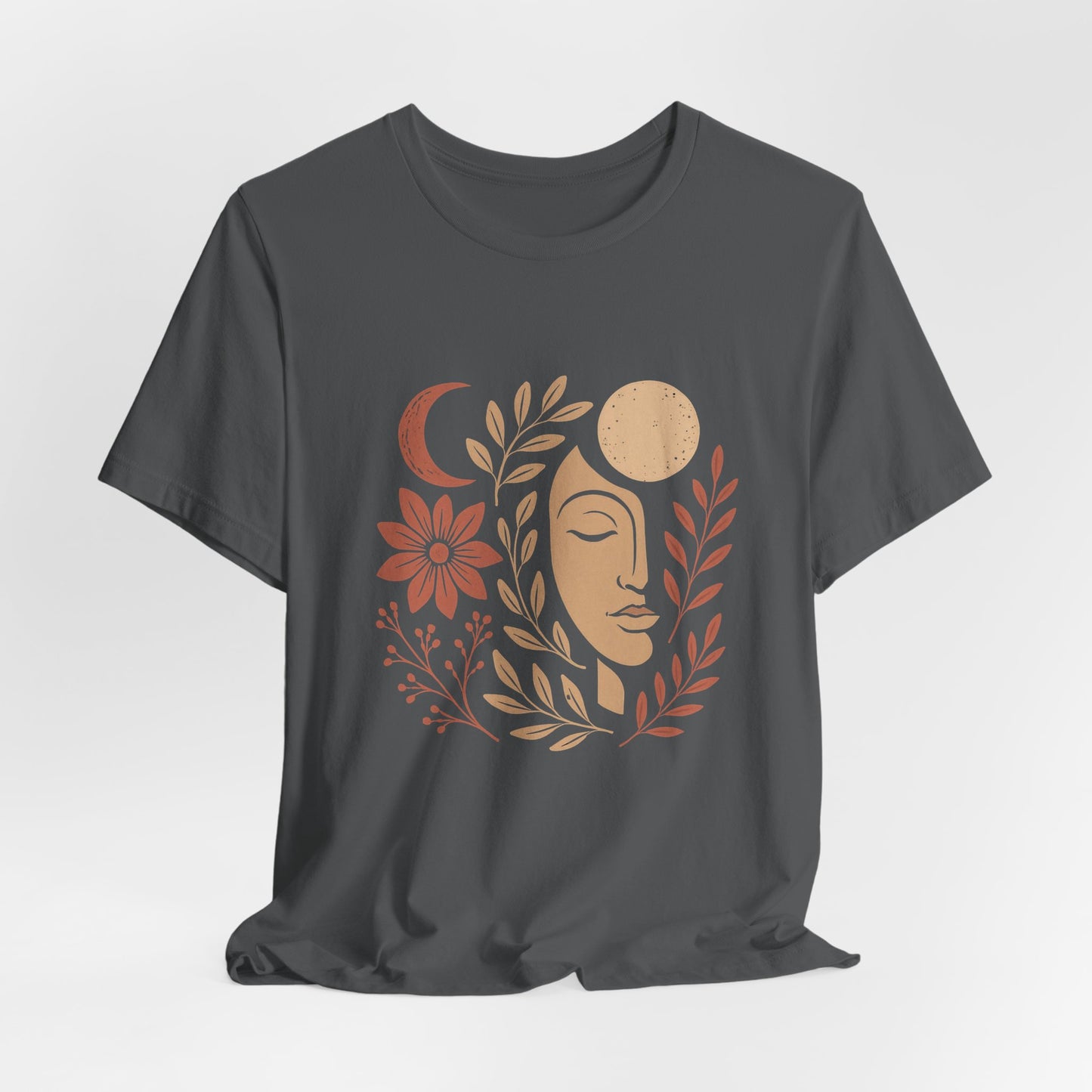 Celestial Goddess Moon Face T-Shirt – Floral Lunar Graphic Tee