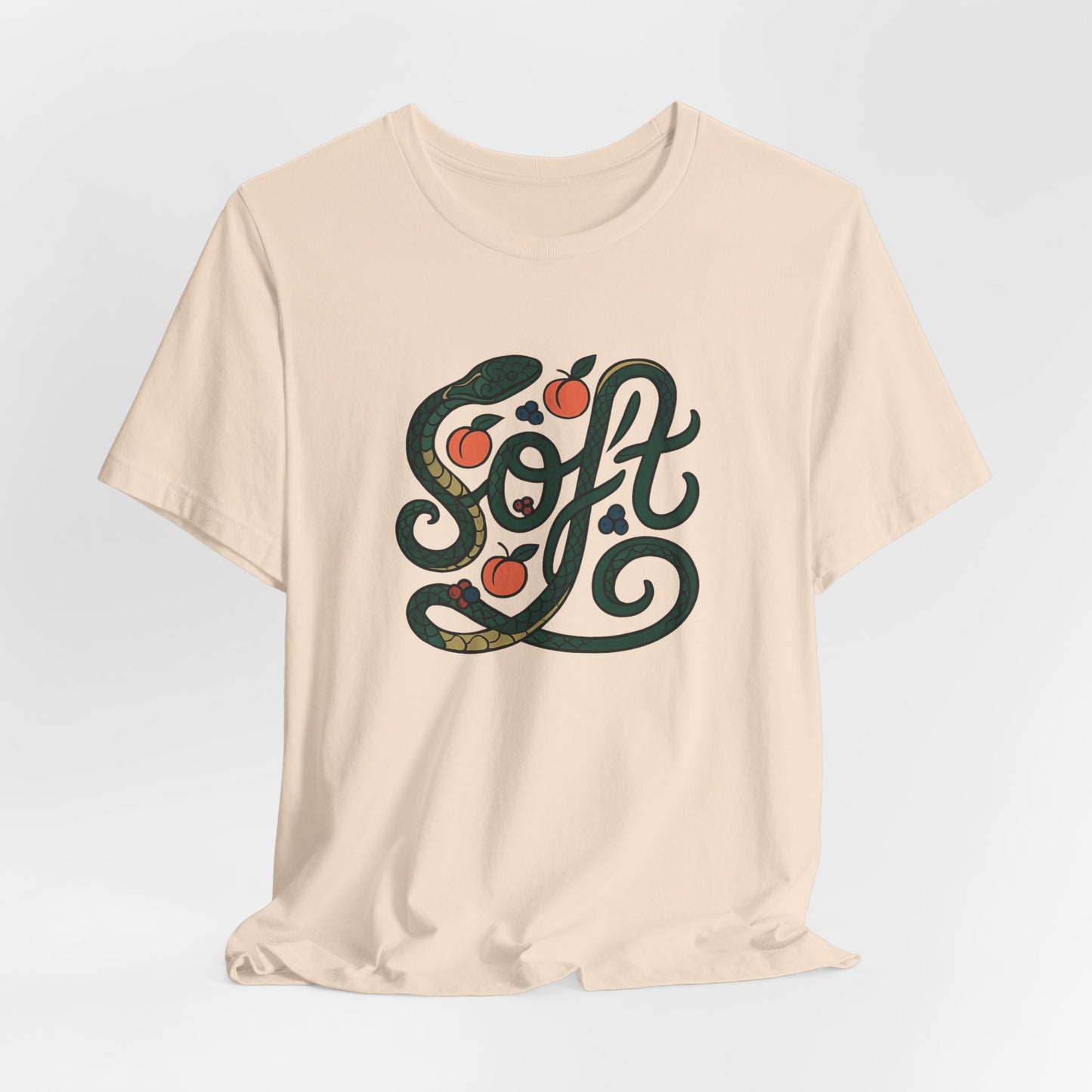 Soft Snake Typography T-Shirt – Serpent & Peach Swirl Design for Nature & Art Lovers