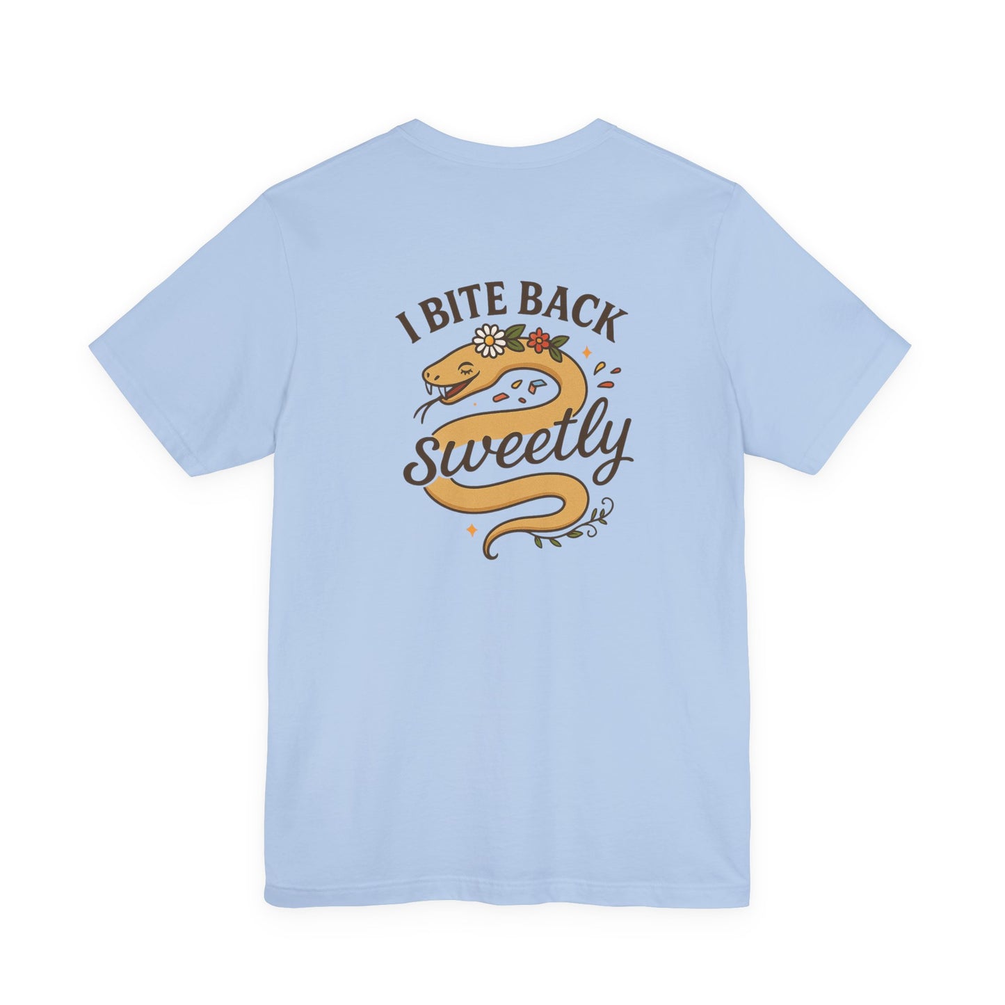 “I Bite Back Sweetly” Floral Snake Shirt – Front & Back Baby Blue Tee with Vintage Garden Print