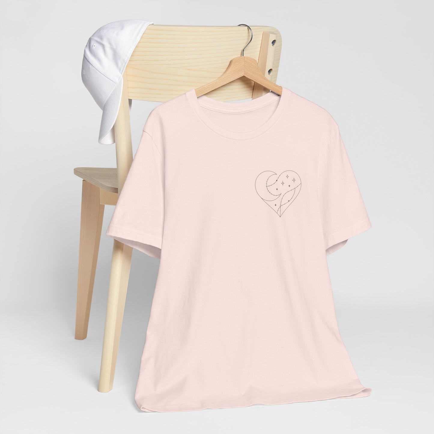 Cosmic Heart Pocket Tee – Minimalist Moon & Stars Graphic T-Shirt | Unisex Spiritual Gift Top