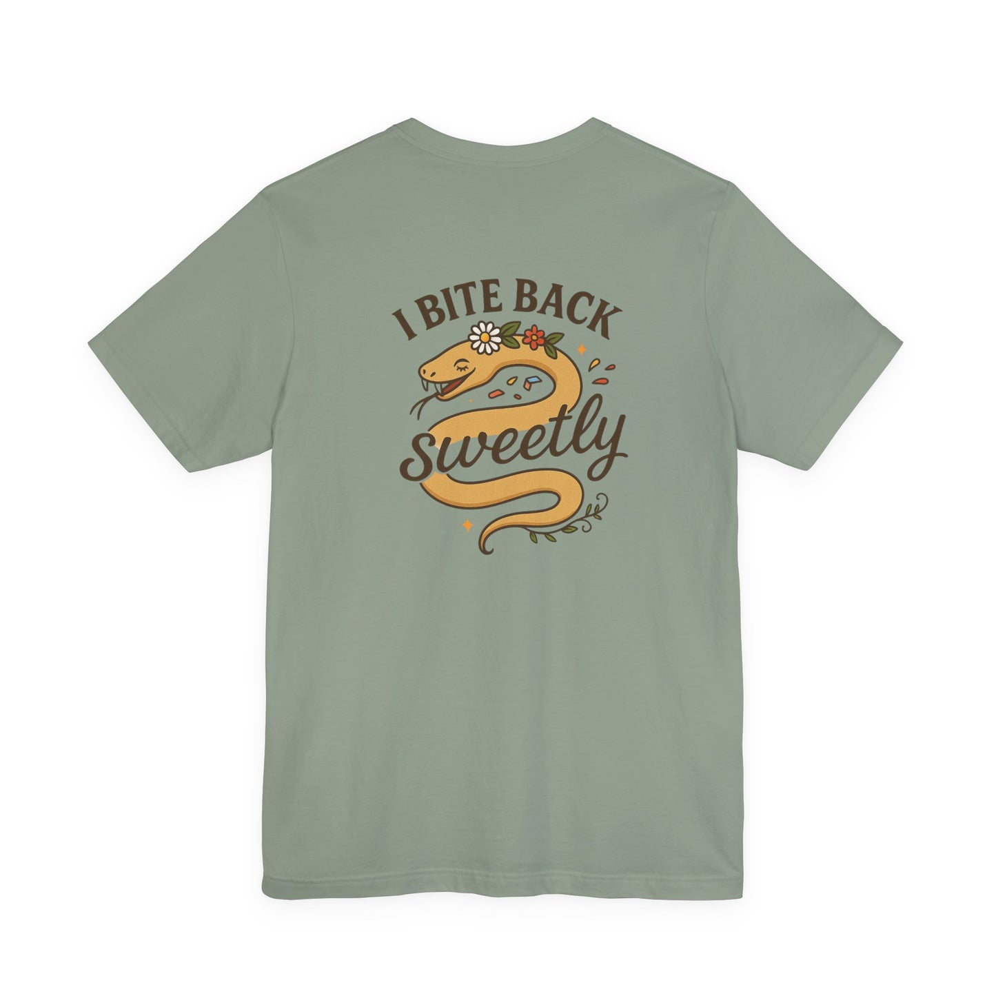 “I Bite Back Sweetly” Floral Snake Shirt – Front & Back Baby Blue Tee with Vintage Garden Print