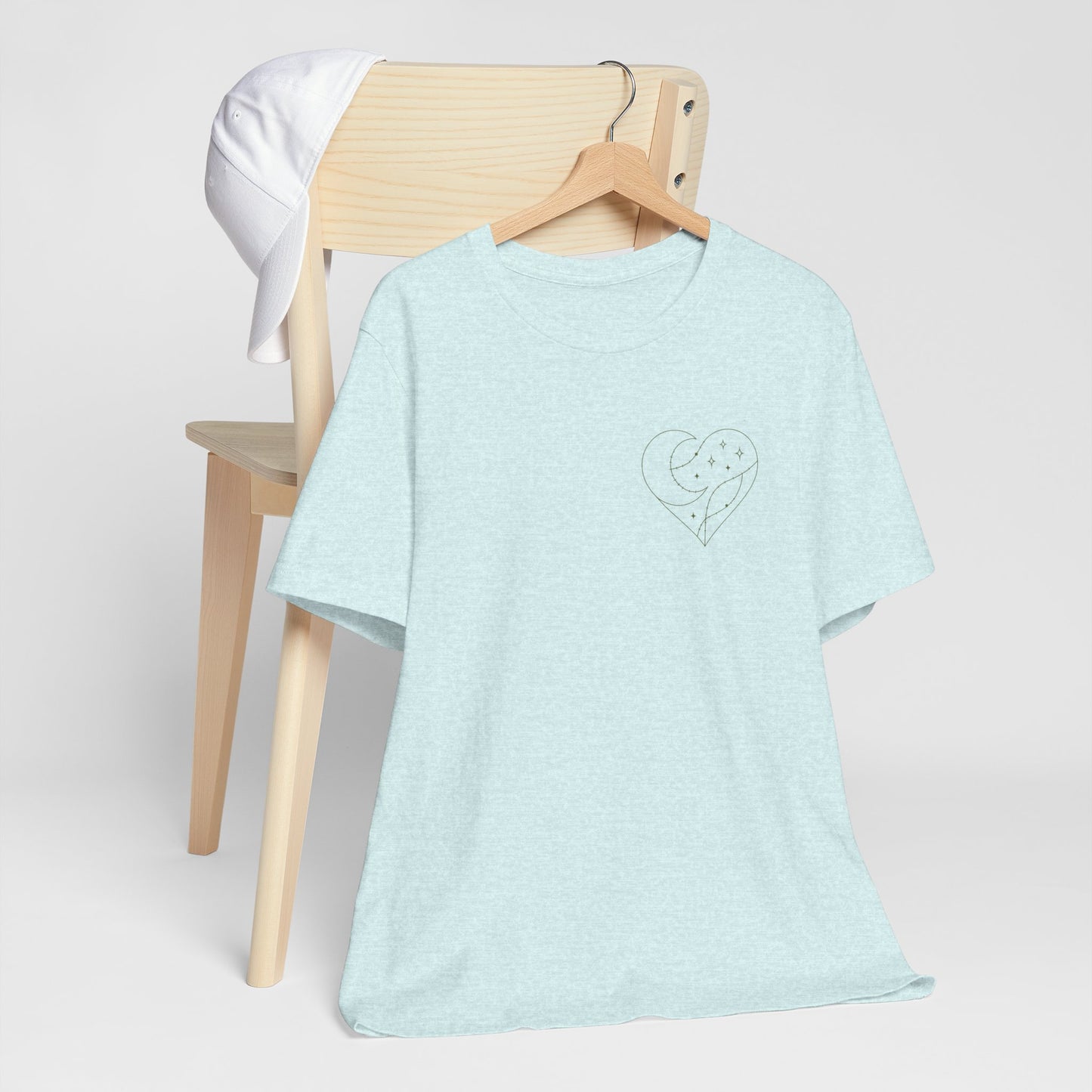 Cosmic Heart Pocket Tee – Minimalist Moon & Stars Graphic T-Shirt | Unisex Spiritual Gift Top