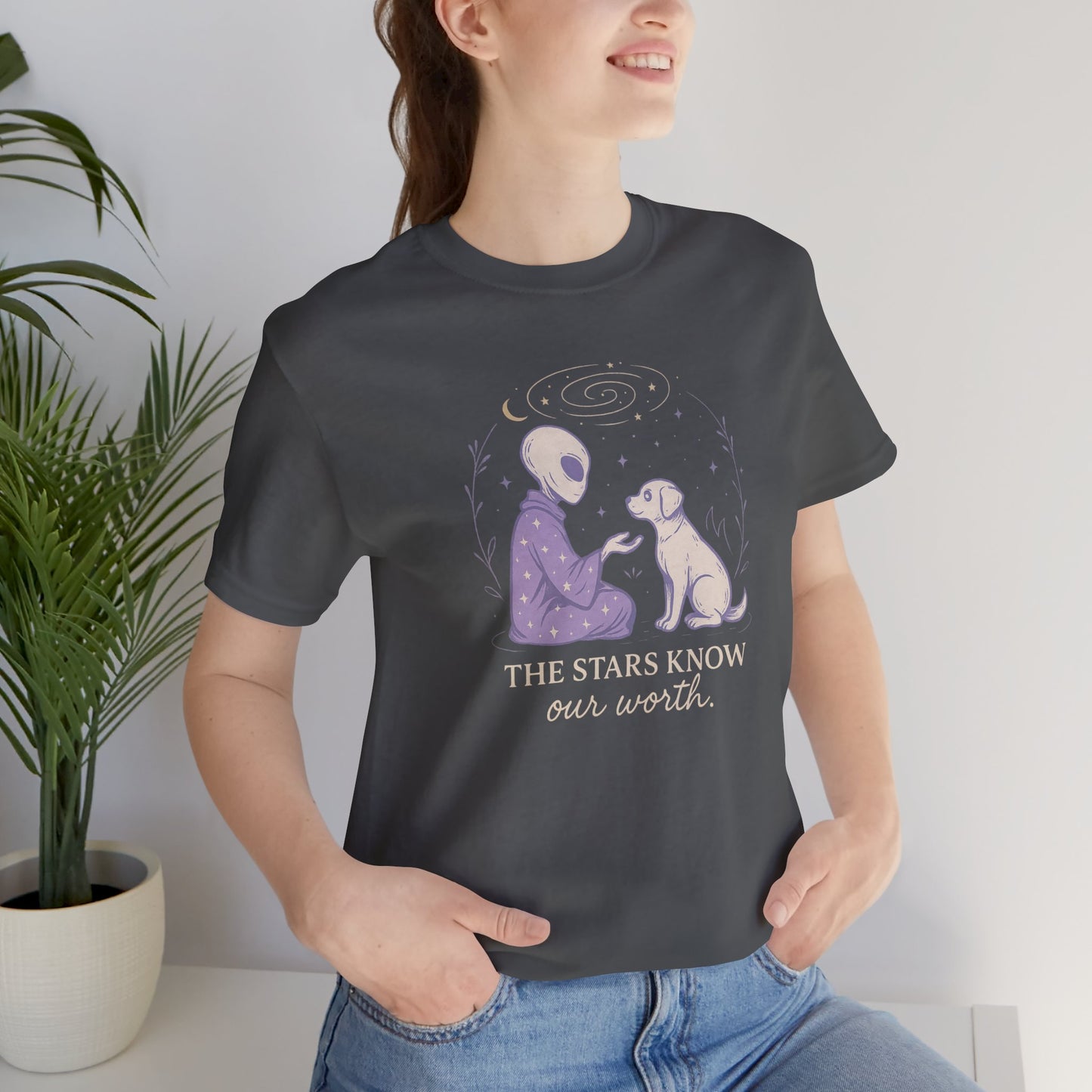 Alien & Dog Cosmic T-Shirt – The Stars Know Our Worth | Celestial Empathy Tee