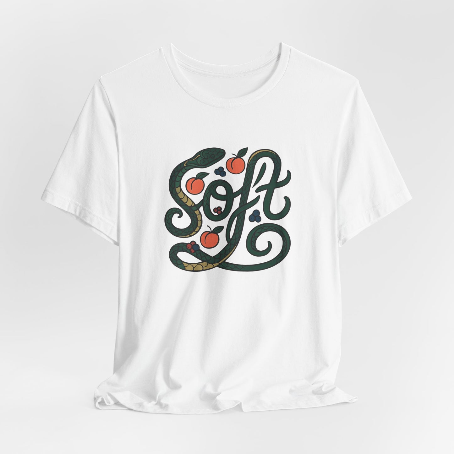 Soft Snake Typography T-Shirt – Serpent & Peach Swirl Design for Nature & Art Lovers