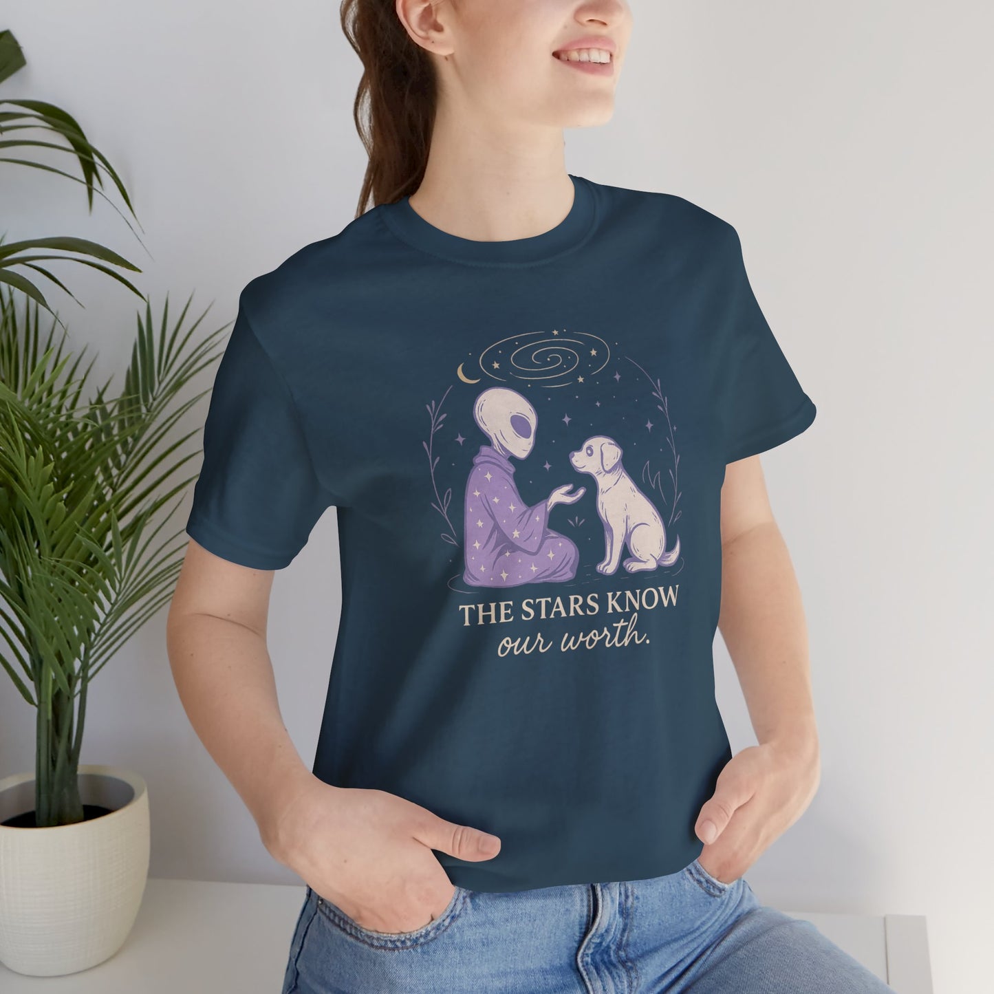 Alien & Dog Cosmic T-Shirt – The Stars Know Our Worth | Celestial Empathy Tee