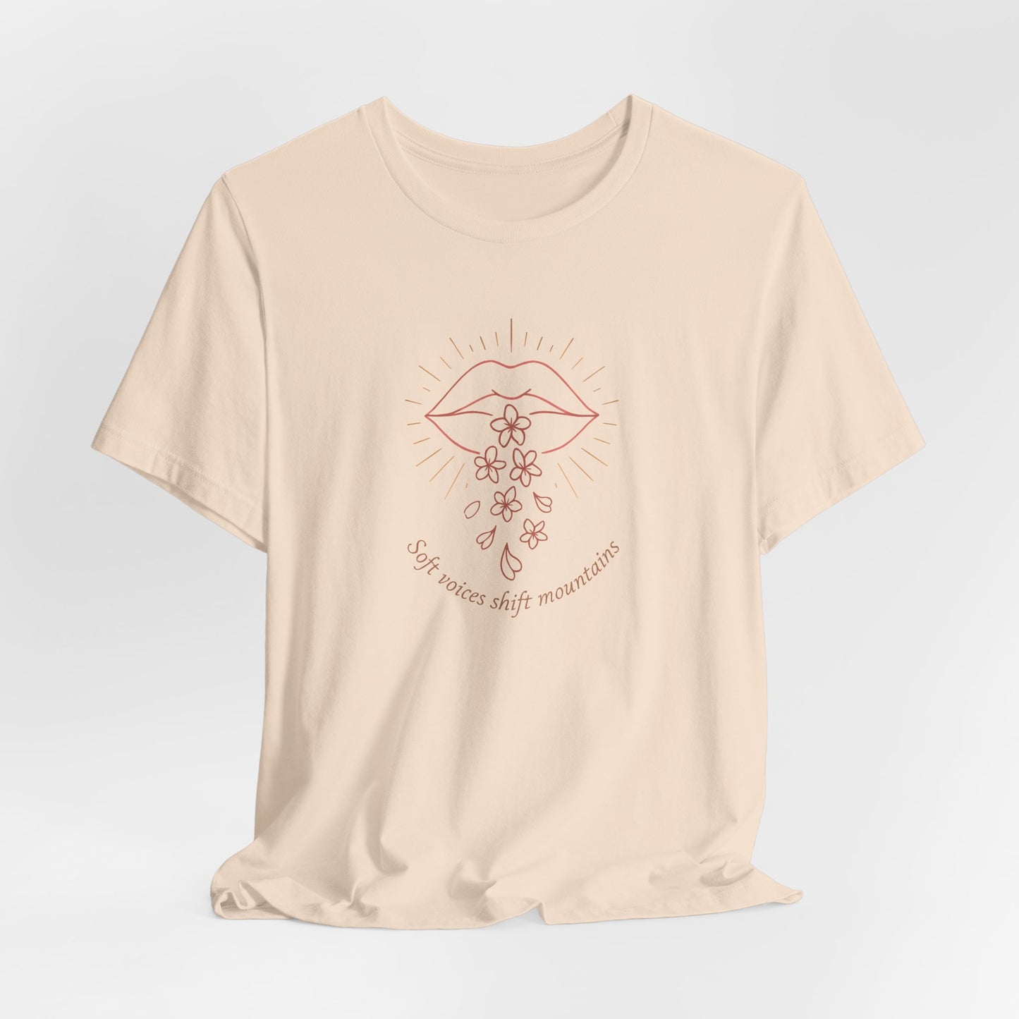 Soft Voices Shift Mountains T-Shirt – Minimalist Lips & Floral Line Art