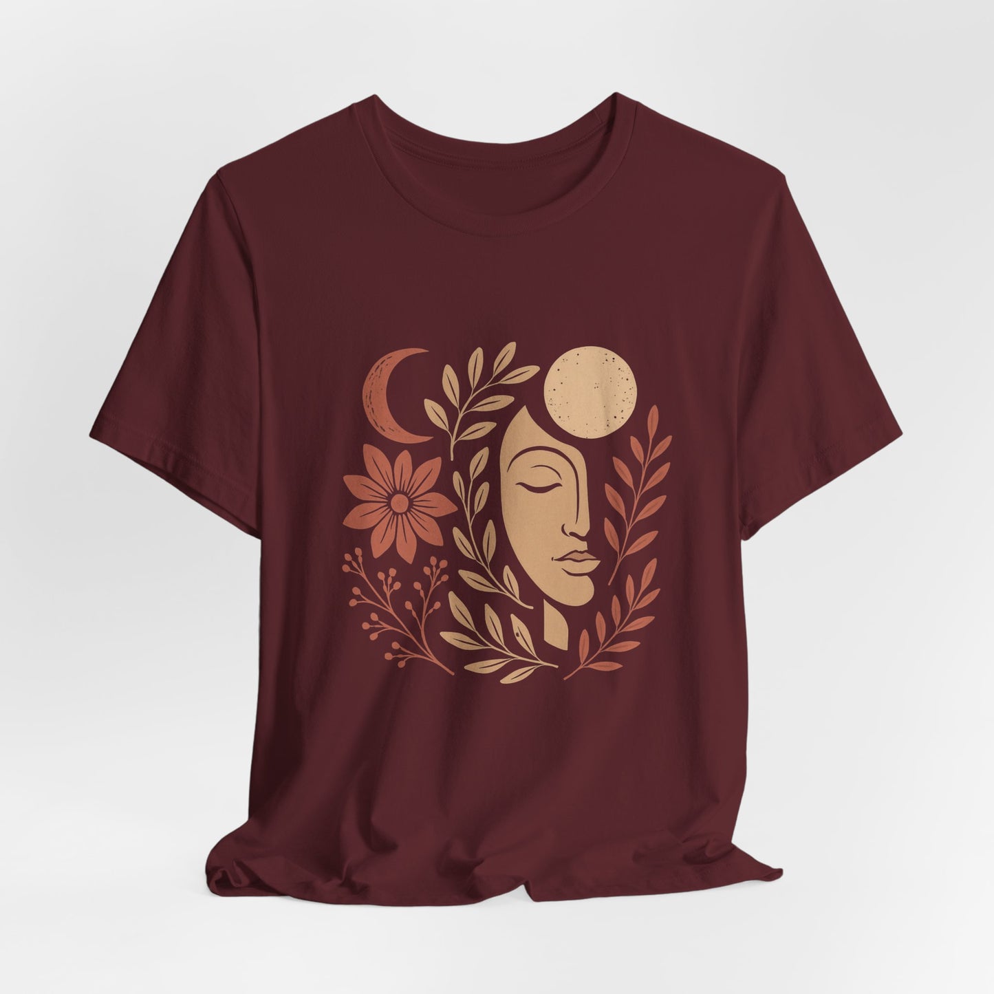 Celestial Goddess Moon Face T-Shirt – Floral Lunar Graphic Tee