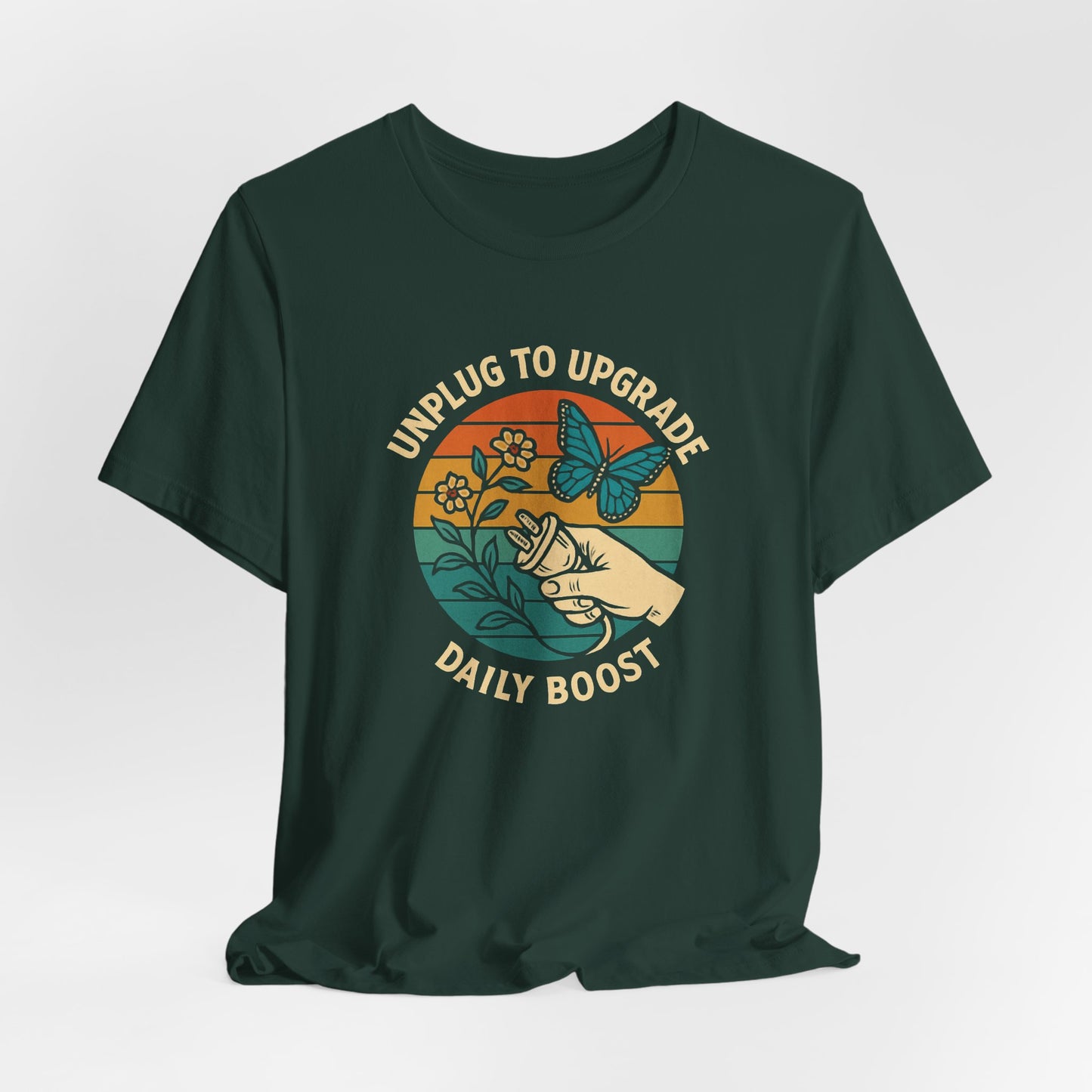 Unplug to Upgrade T-Shirt – Retro Nature & Butterfly Graphic Tee