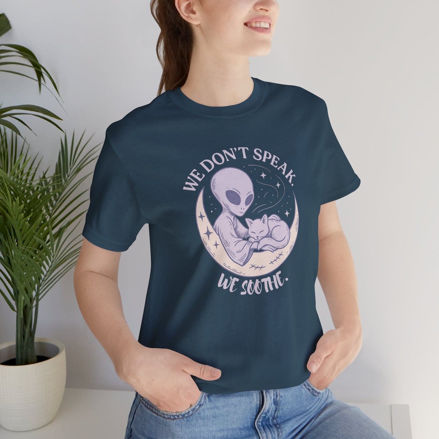 Alien & Cat Moon T-Shirt – We Don’t Speak, We Soothe | Cosmic Comfort Tee