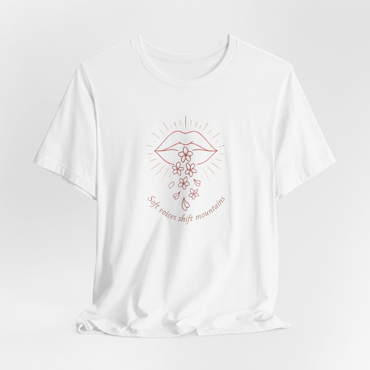 Soft Voices Shift Mountains T-Shirt – Minimalist Lips & Floral Line Art