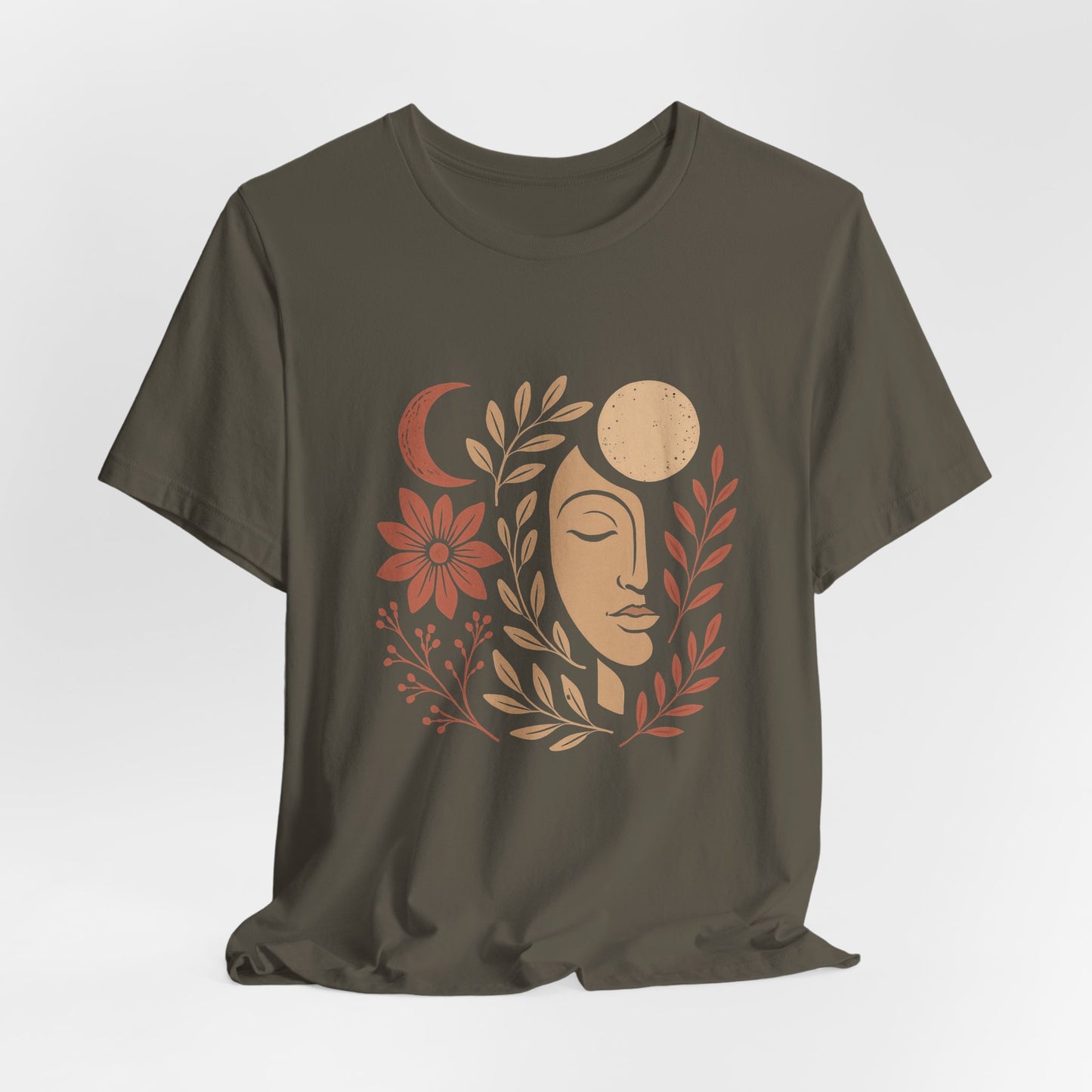Celestial Goddess Moon Face T-Shirt – Floral Lunar Graphic Tee