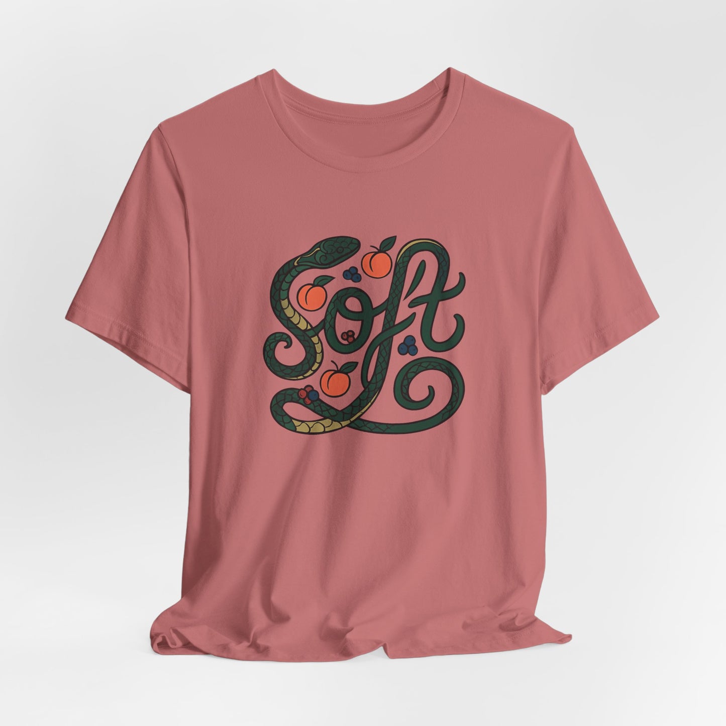 Soft Snake Typography T-Shirt – Serpent & Peach Swirl Design for Nature & Art Lovers