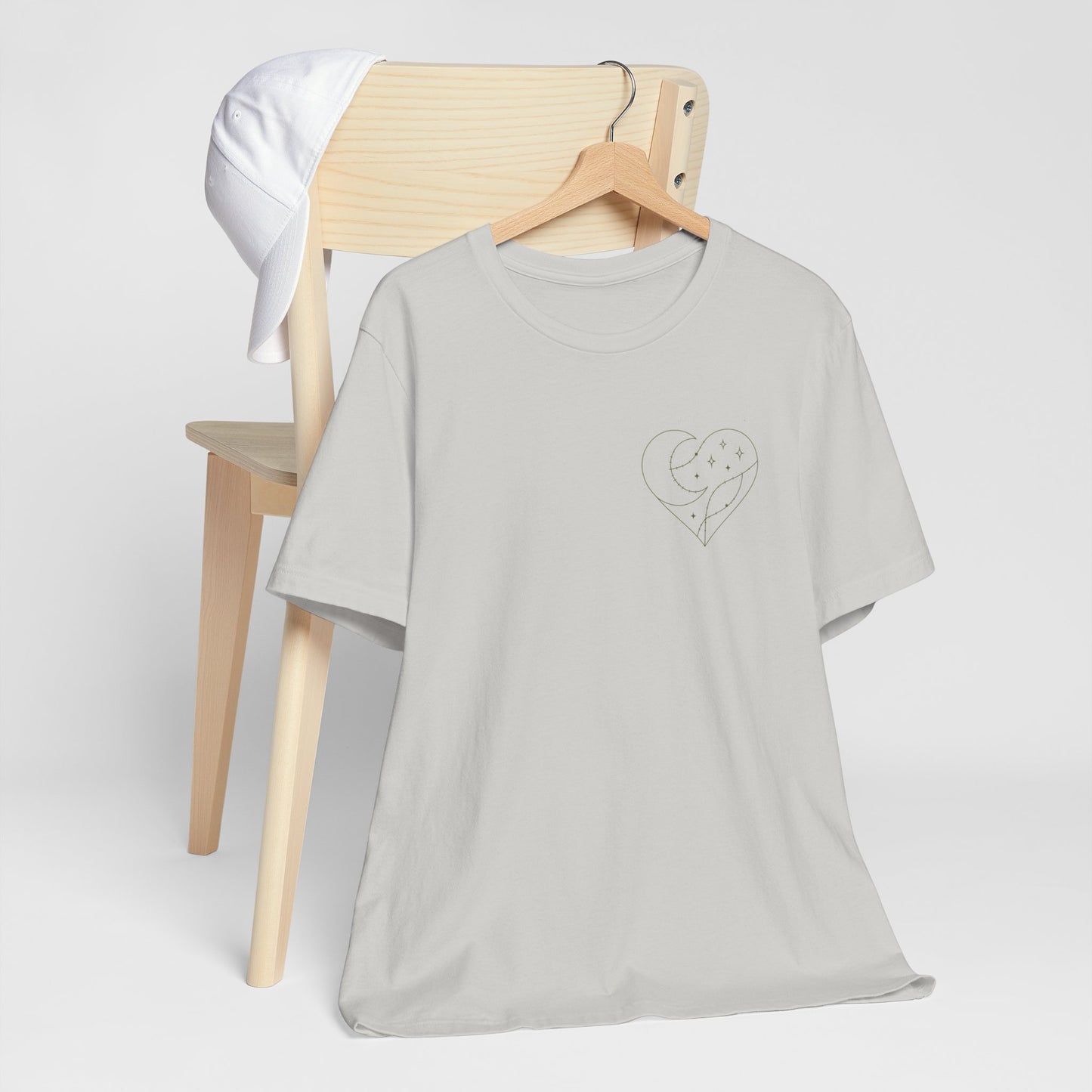 Cosmic Heart Pocket Tee – Minimalist Moon & Stars Graphic T-Shirt | Unisex Spiritual Gift Top