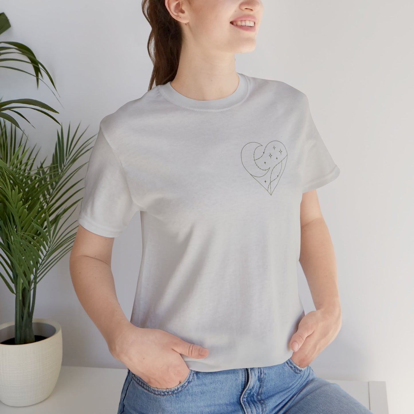 Cosmic Heart Pocket Tee – Minimalist Moon & Stars Graphic T-Shirt | Unisex Spiritual Gift Top