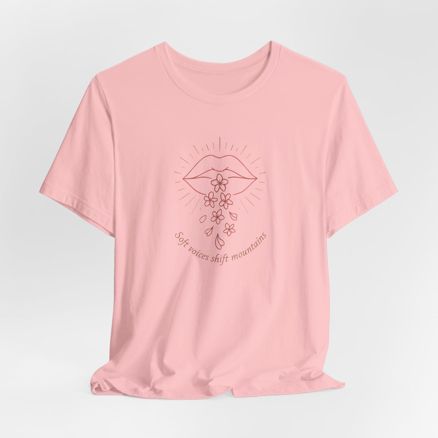 Soft Voices Shift Mountains T-Shirt – Minimalist Lips & Floral Line Art