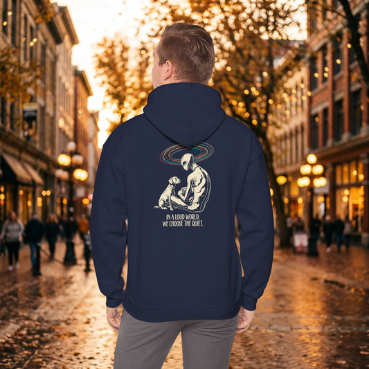 Alien and dog print hoodie by Printify featuring space alien and dog design, perfect for introverts and dog moms.
