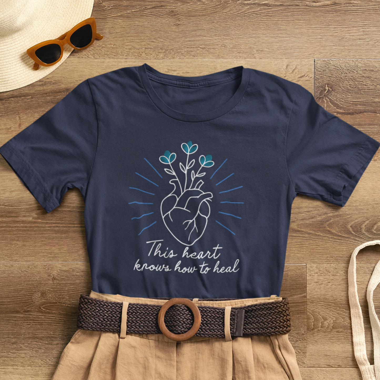 Healing Heart Tee – Radiant Blue Heart & Florals on Black | Spirit Stitch