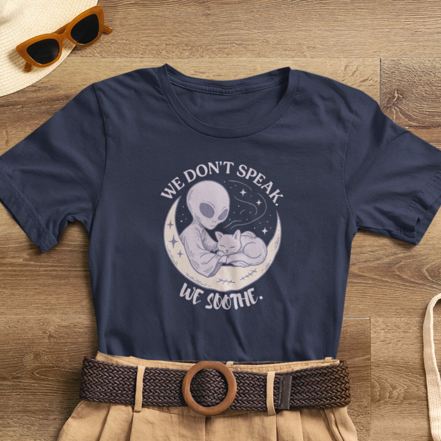 Alien & Cat Moon T-Shirt – We Don’t Speak, We Soothe | Cosmic Comfort Tee