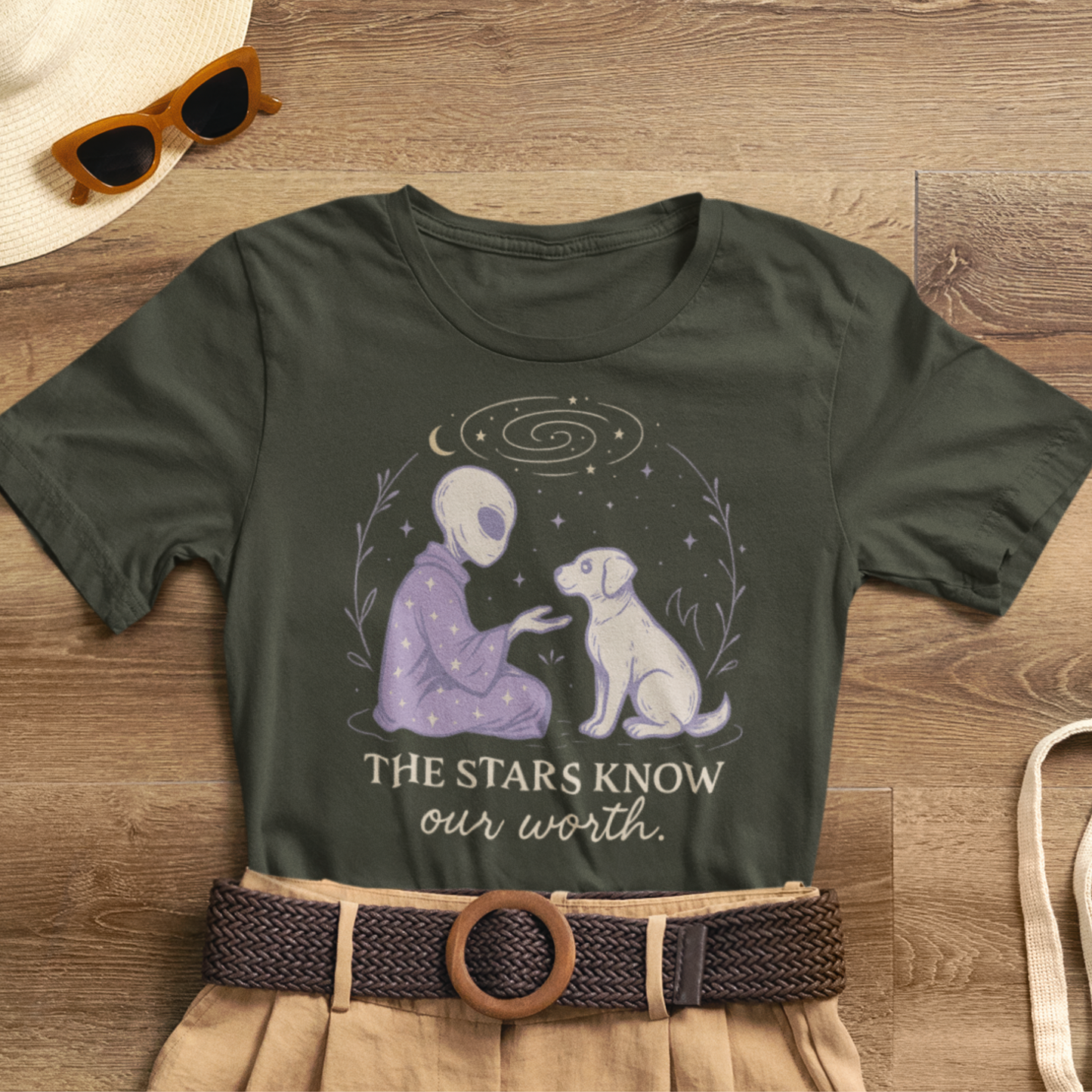 Alien & Dog Cosmic T-Shirt – The Stars Know Our Worth | Celestial Empathy Tee