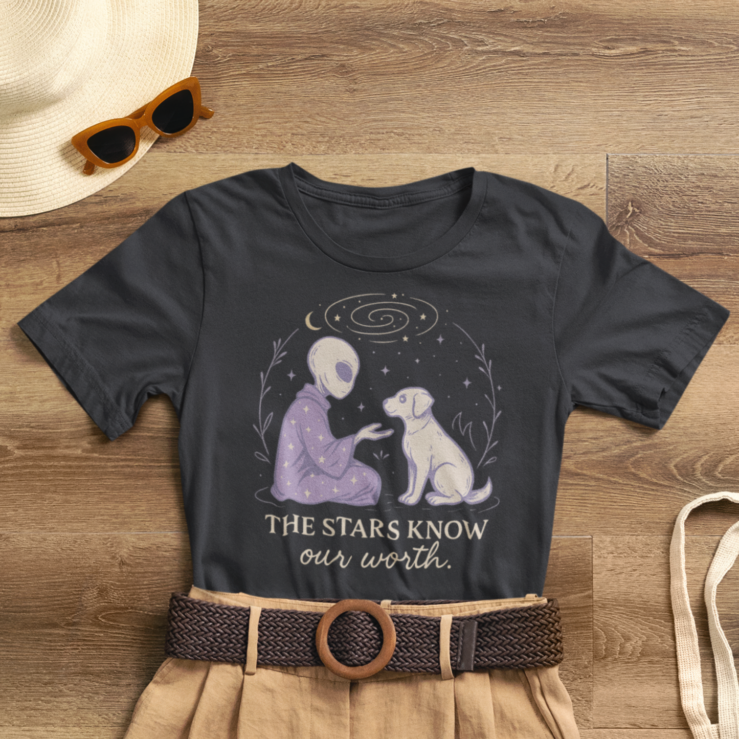 Alien & Dog Cosmic T-Shirt – The Stars Know Our Worth | Celestial Empathy Tee