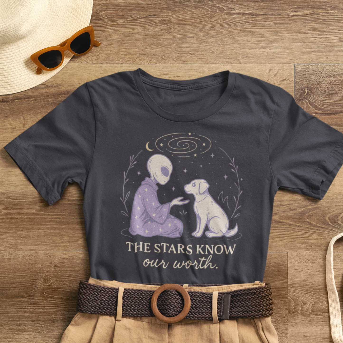 Alien & Dog Cosmic T-Shirt – The Stars Know Our Worth | Celestial Empathy Tee
