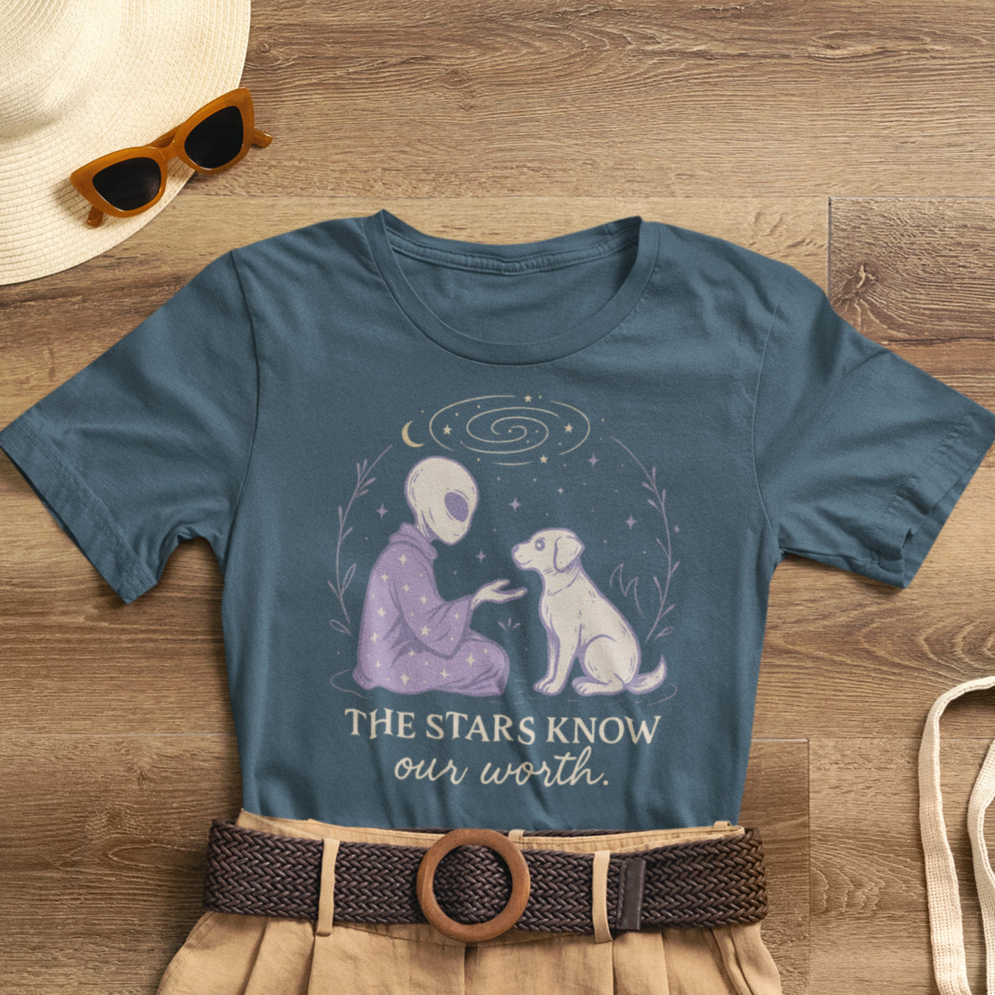 Alien & Dog Cosmic T-Shirt – The Stars Know Our Worth | Celestial Empathy Tee