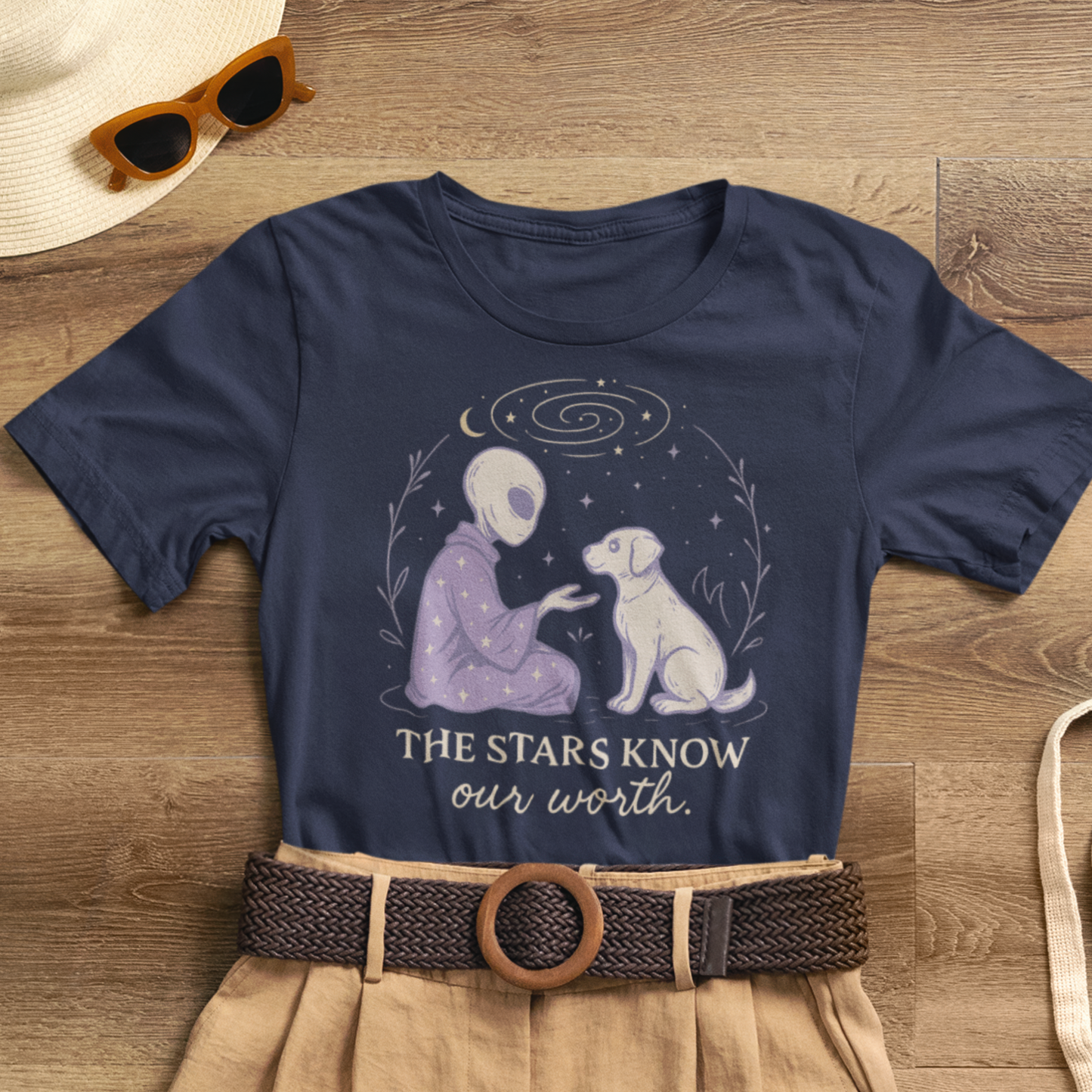 Alien & Dog Cosmic T-Shirt – The Stars Know Our Worth | Celestial Empathy Tee