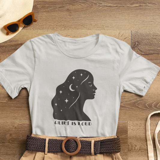 Quiet Is Loud Shirt – Feminine Silhouette Tee, Starry Night Sky Profile T-Shirt, Cosmic Empowerment Top