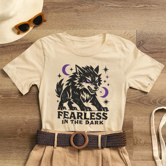 Fearless in the Dark Moonlit Wolf T-Shirt with mystical wolf graphic and shadow work design, soft cotton everyday tee by Printify.
