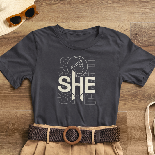 SHE Statement T-Shirt – Minimalist Feminist Graphic Tee – Modern Empowerment Shirt for Women
