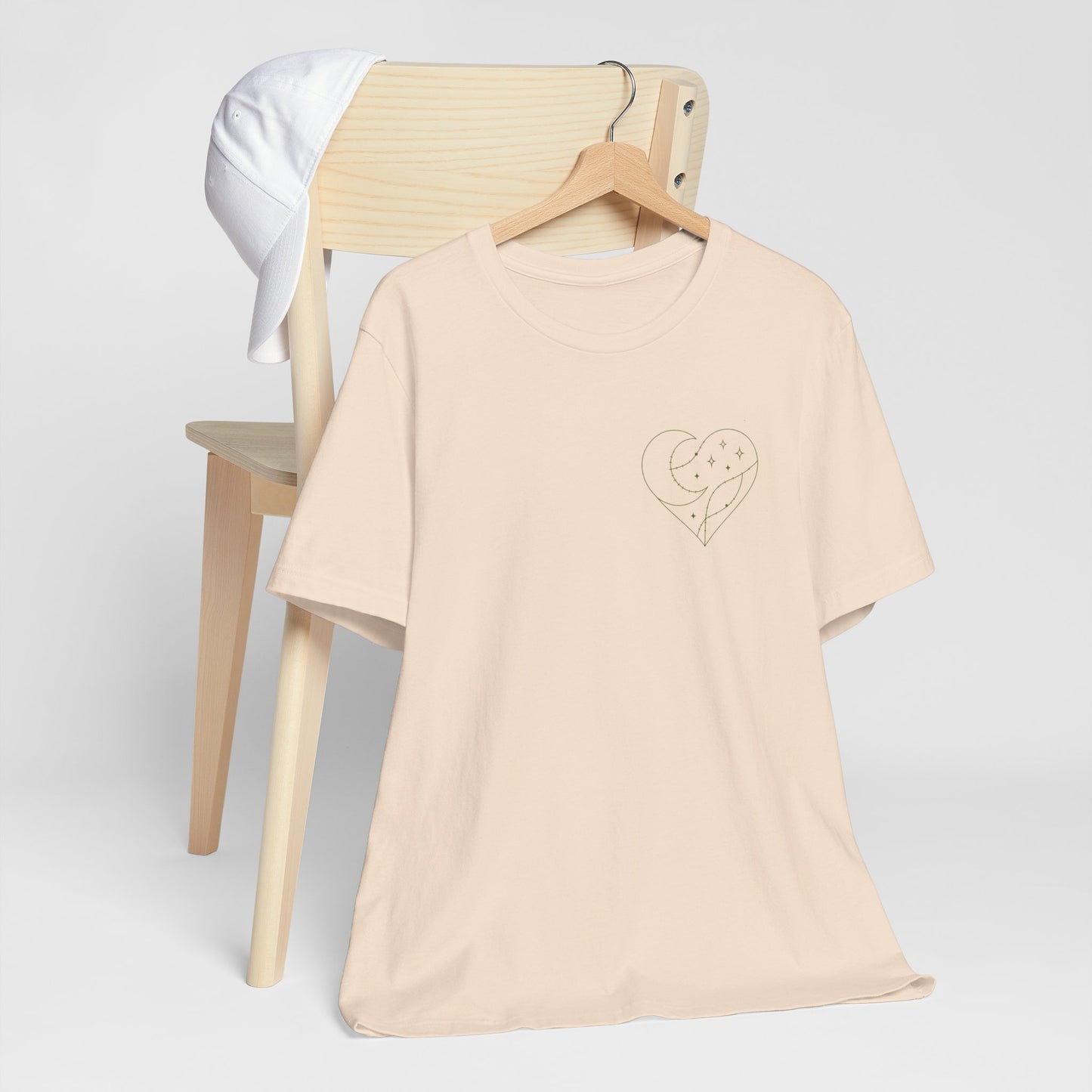 Cosmic Heart Pocket Tee – Minimalist Moon & Stars Graphic T-Shirt | Unisex Spiritual Gift Top