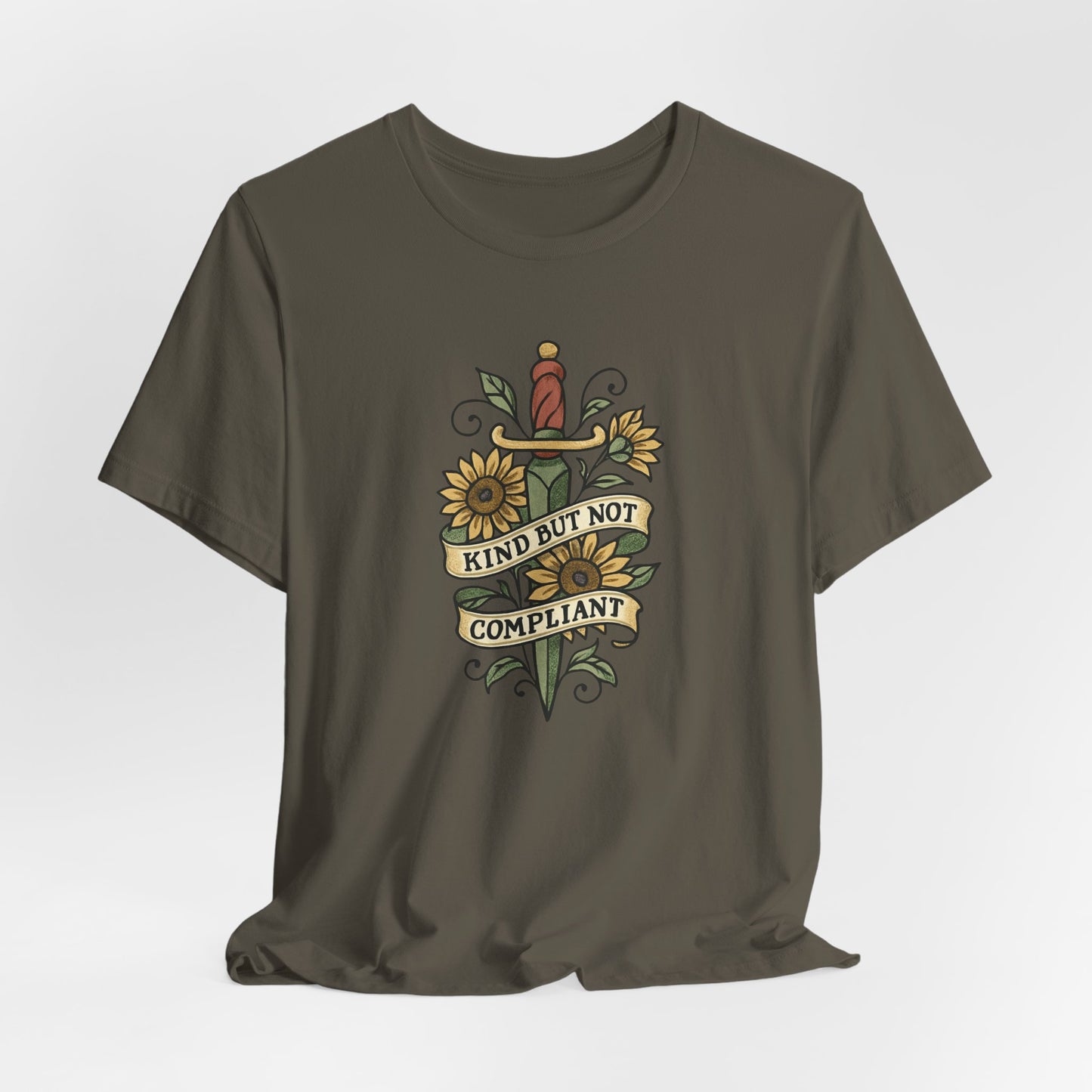 Kind But Not Compliant T-Shirt – Feminine Power Sword & Sunflowers Tattoo-Style Tee