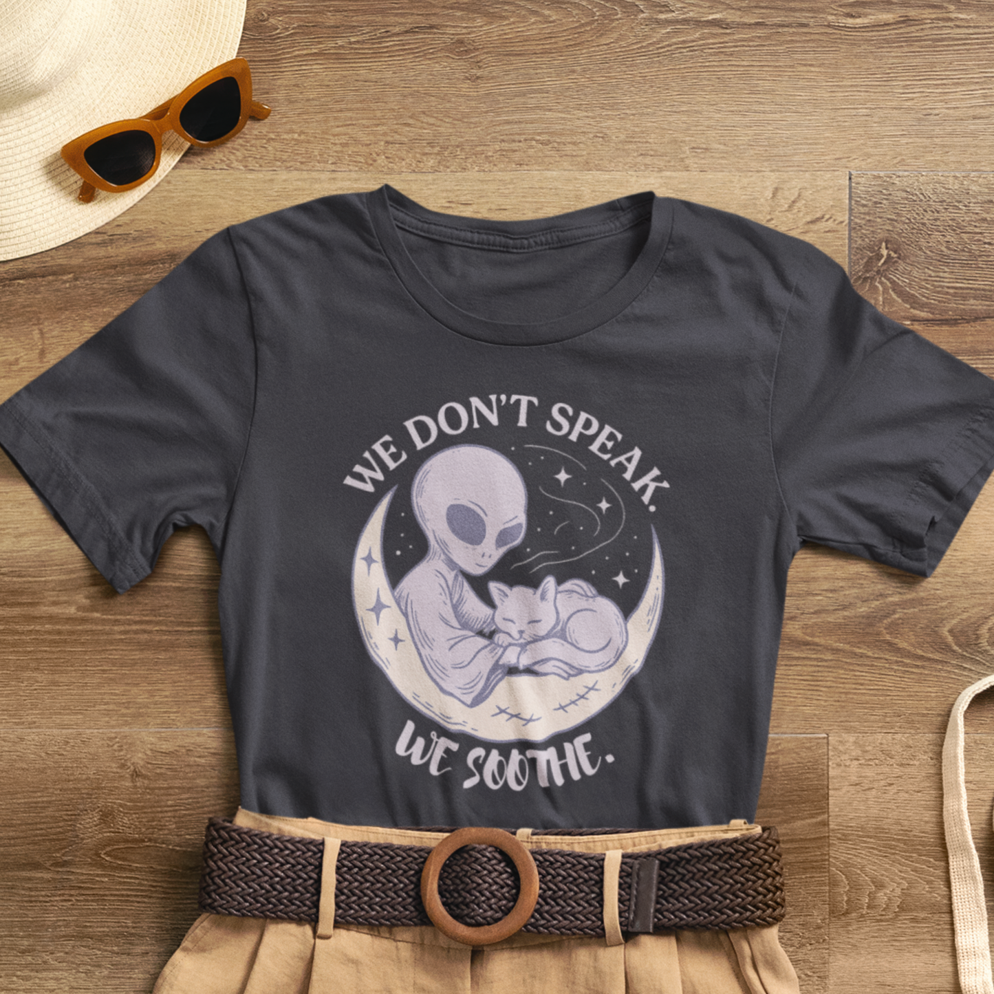 Alien & Cat Moon T-Shirt – We Don’t Speak, We Soothe | Cosmic Comfort Tee