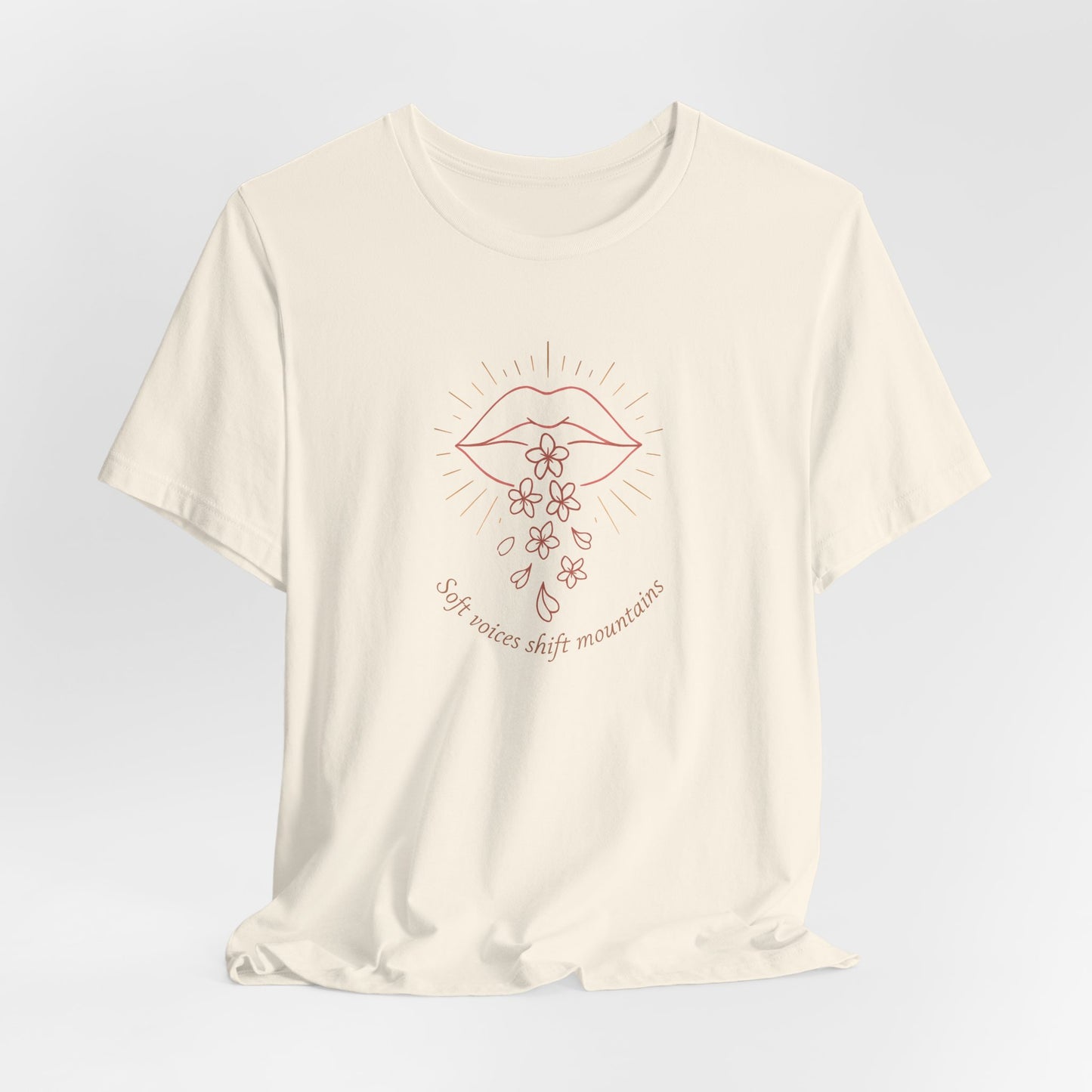 Soft Voices Shift Mountains T-Shirt – Minimalist Lips & Floral Line Art