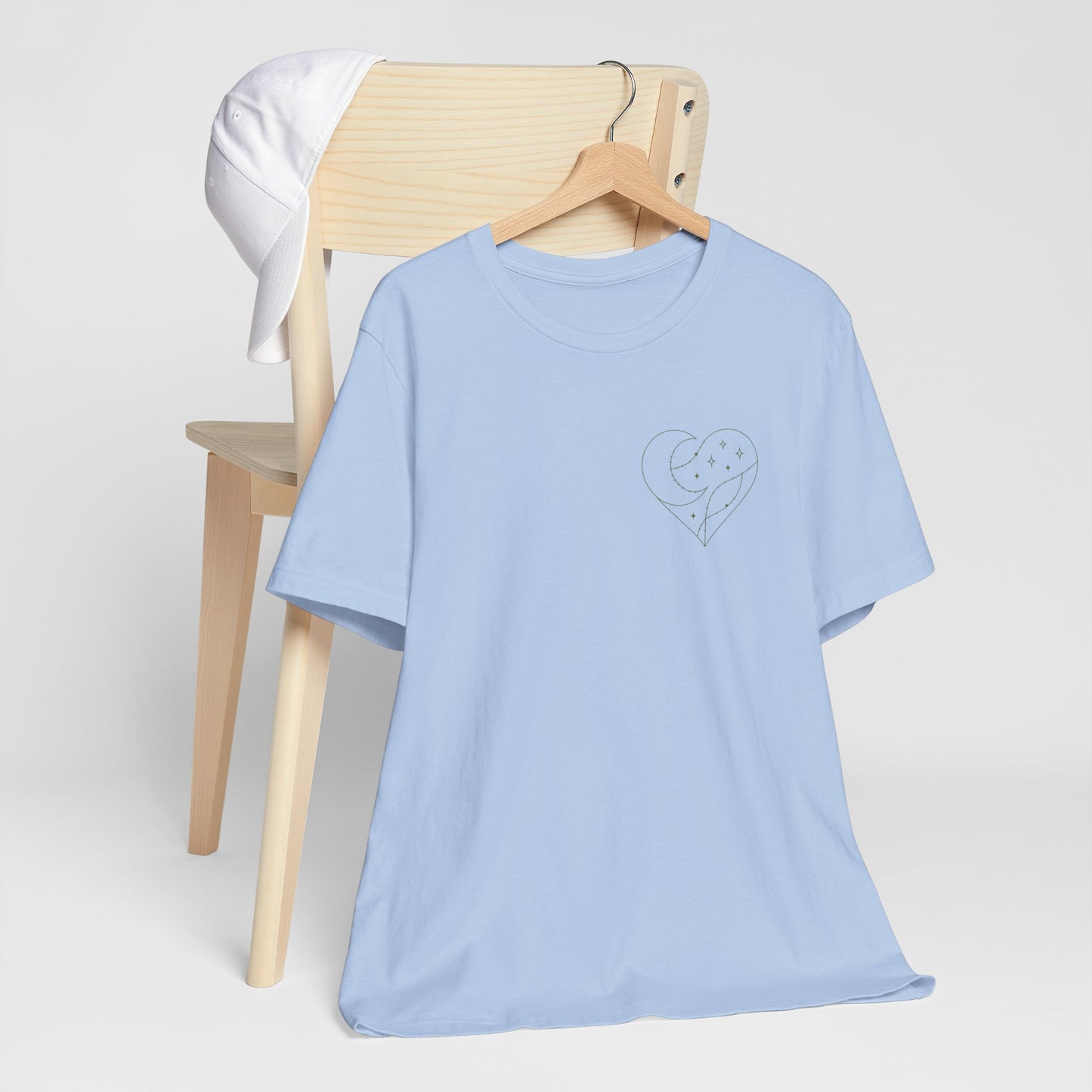 Cosmic Heart Pocket Tee – Minimalist Moon & Stars Graphic T-Shirt | Unisex Spiritual Gift Top