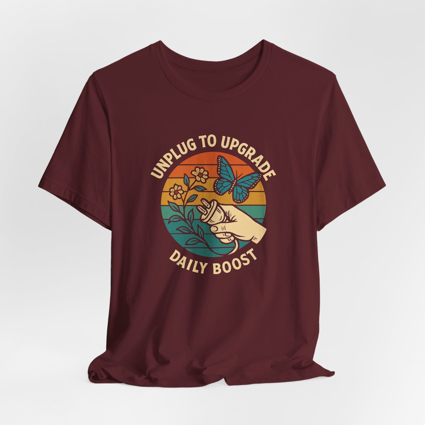 Unplug to Upgrade T-Shirt – Retro Nature & Butterfly Graphic Tee