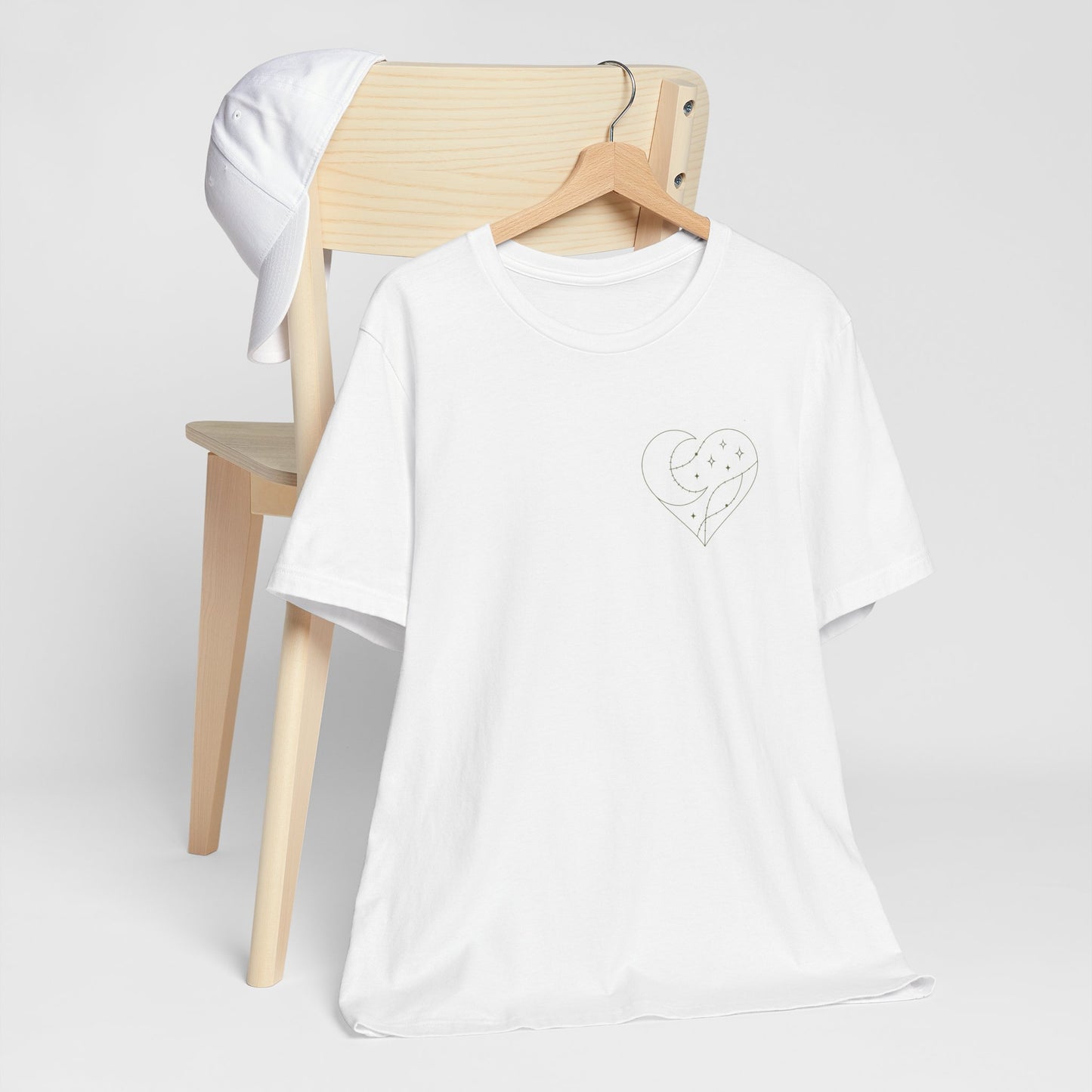 Cosmic Heart Pocket Tee – Minimalist Moon & Stars Graphic T-Shirt | Unisex Spiritual Gift Top
