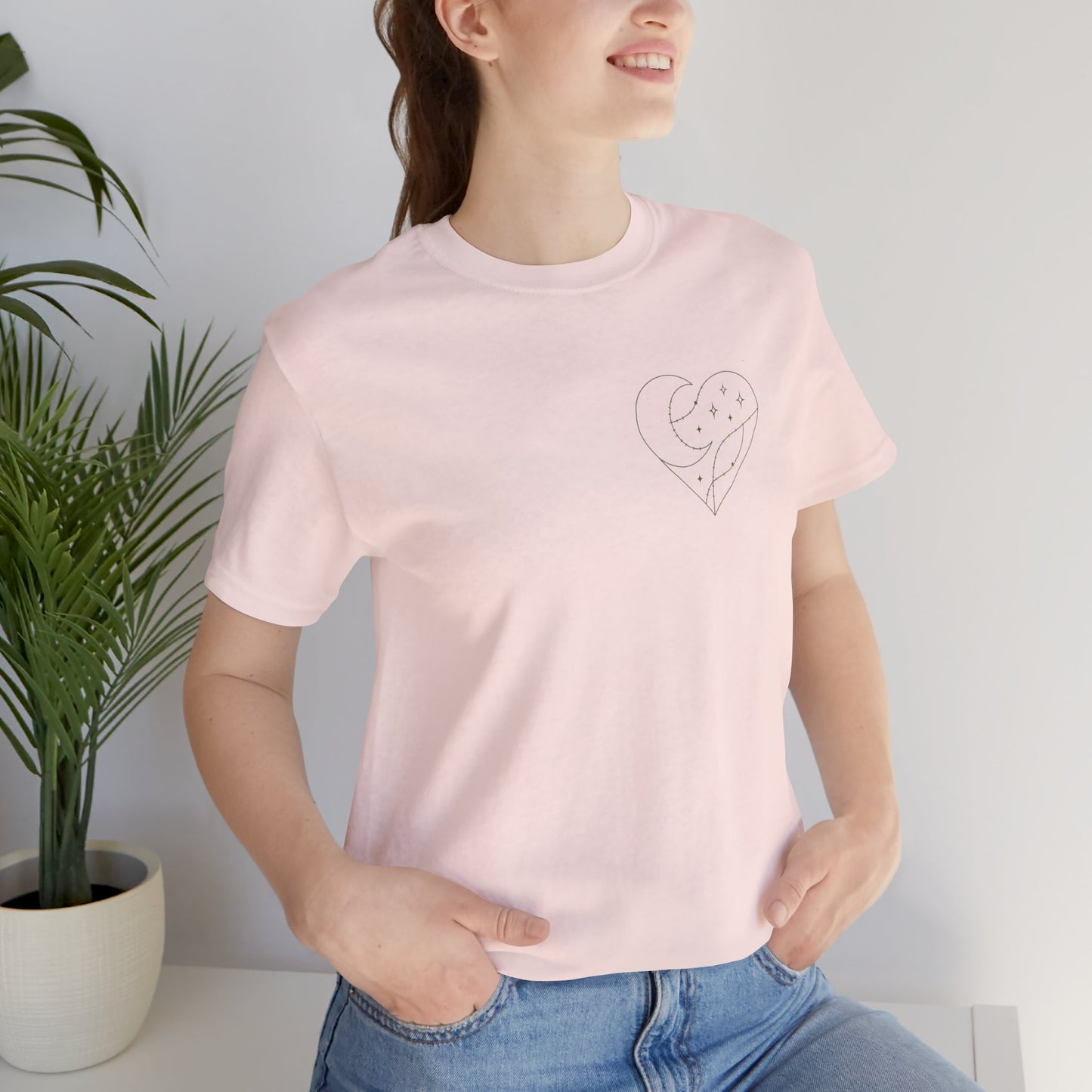 Cosmic Heart Pocket Tee – Minimalist Moon & Stars Graphic T-Shirt | Unisex Spiritual Gift Top
