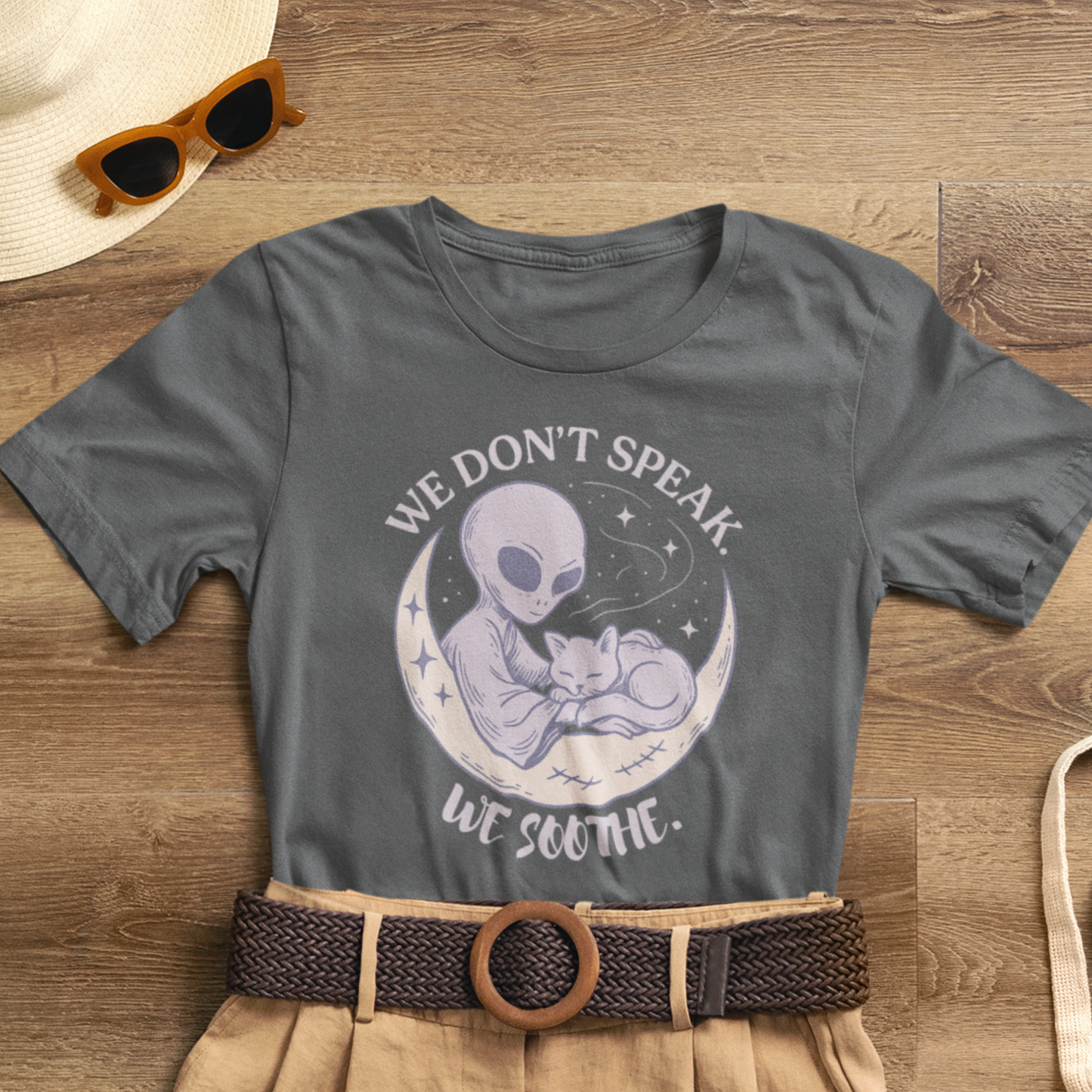 Alien & Cat Moon T-Shirt – We Don’t Speak, We Soothe | Cosmic Comfort Tee