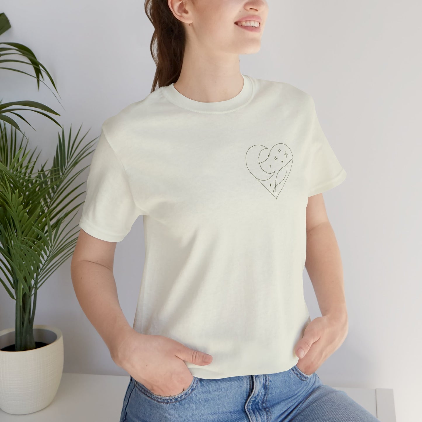 Cosmic Heart Pocket Tee – Minimalist Moon & Stars Graphic T-Shirt | Unisex Spiritual Gift Top