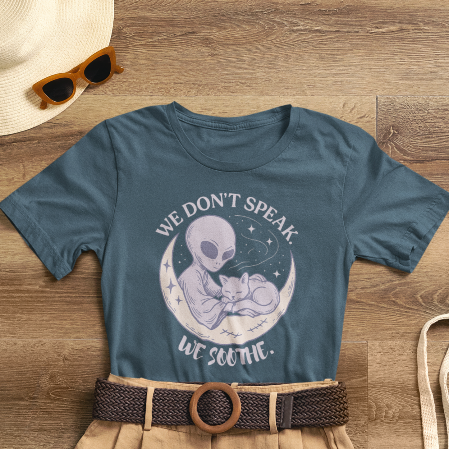Alien & Cat Moon T-Shirt – We Don’t Speak, We Soothe | Cosmic Comfort Tee