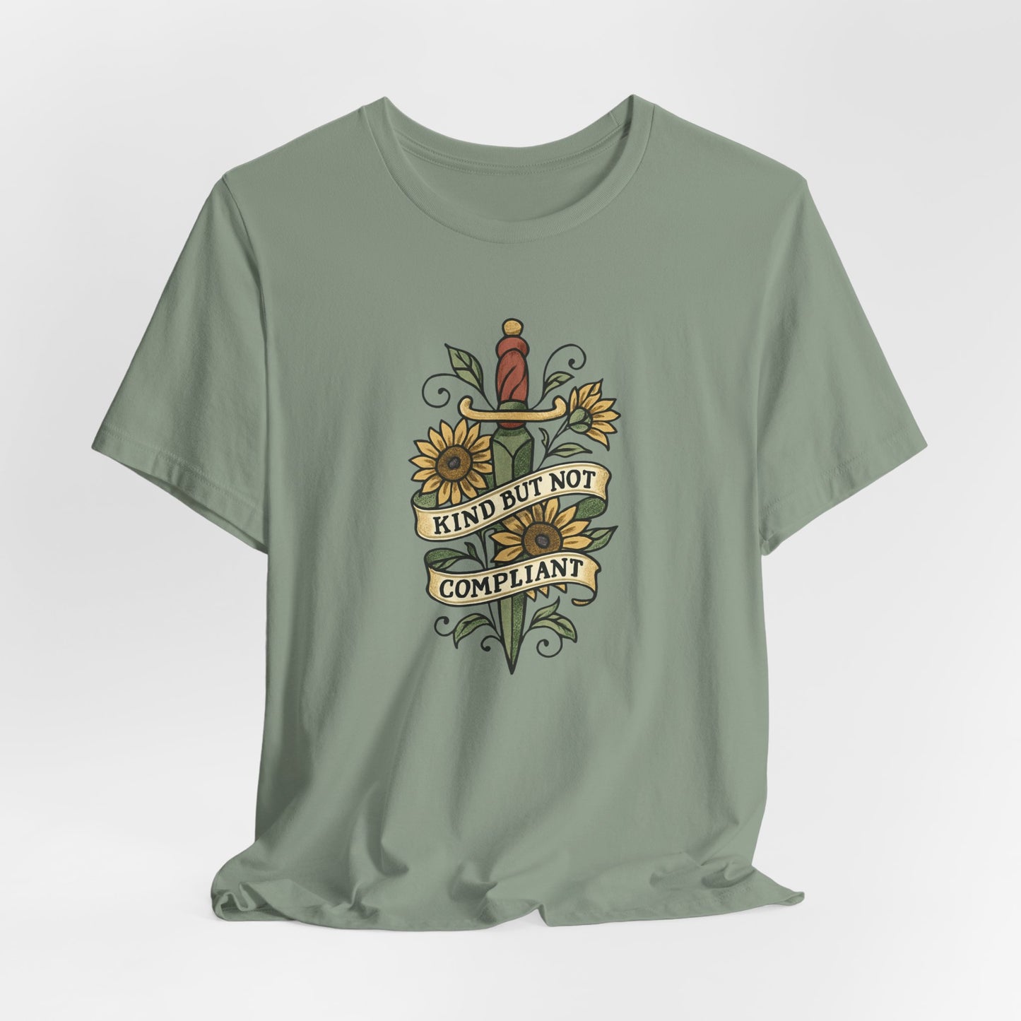 Kind But Not Compliant T-Shirt – Feminine Power Sword & Sunflowers Tattoo-Style Tee