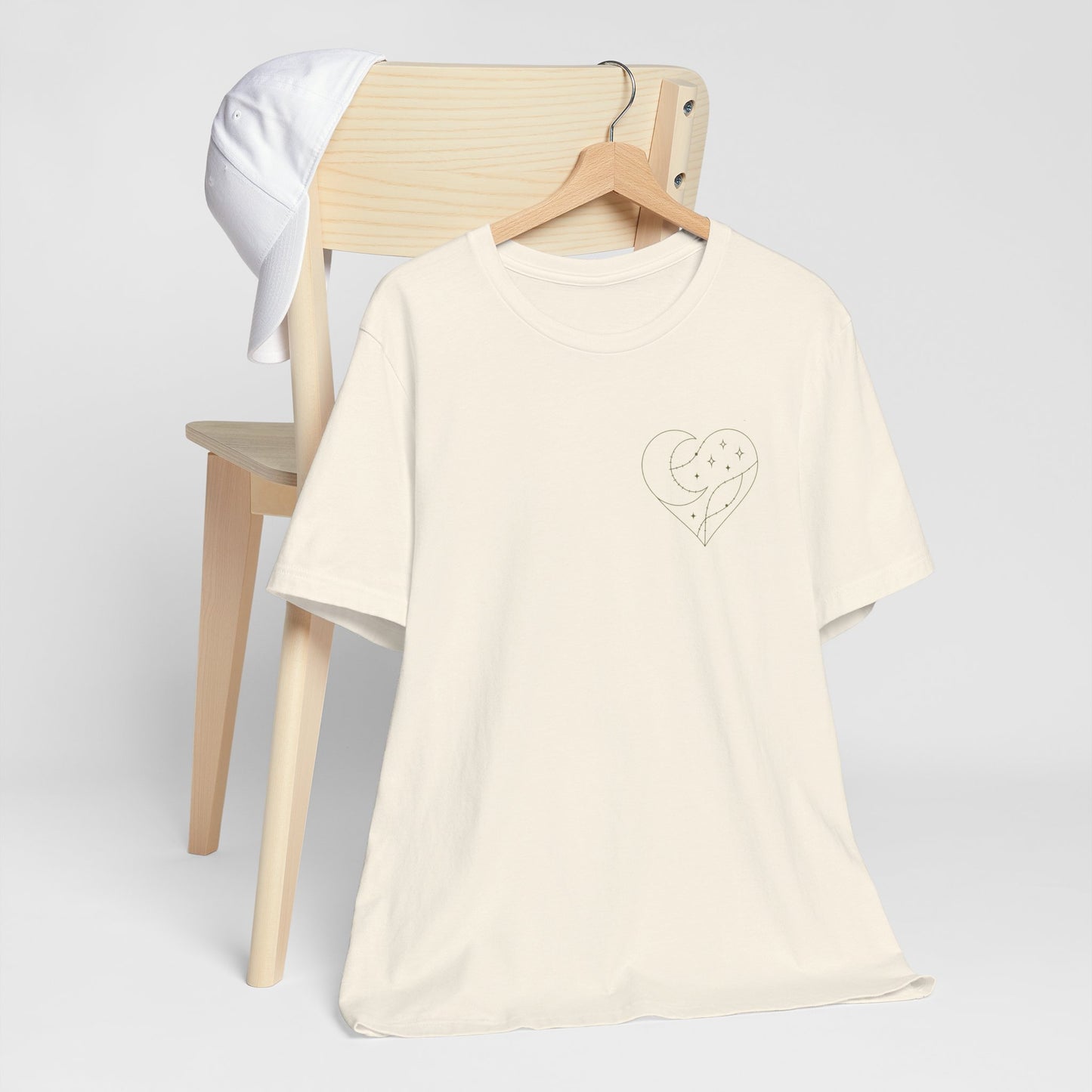 Cosmic Heart Pocket Tee – Minimalist Moon & Stars Graphic T-Shirt | Unisex Spiritual Gift Top
