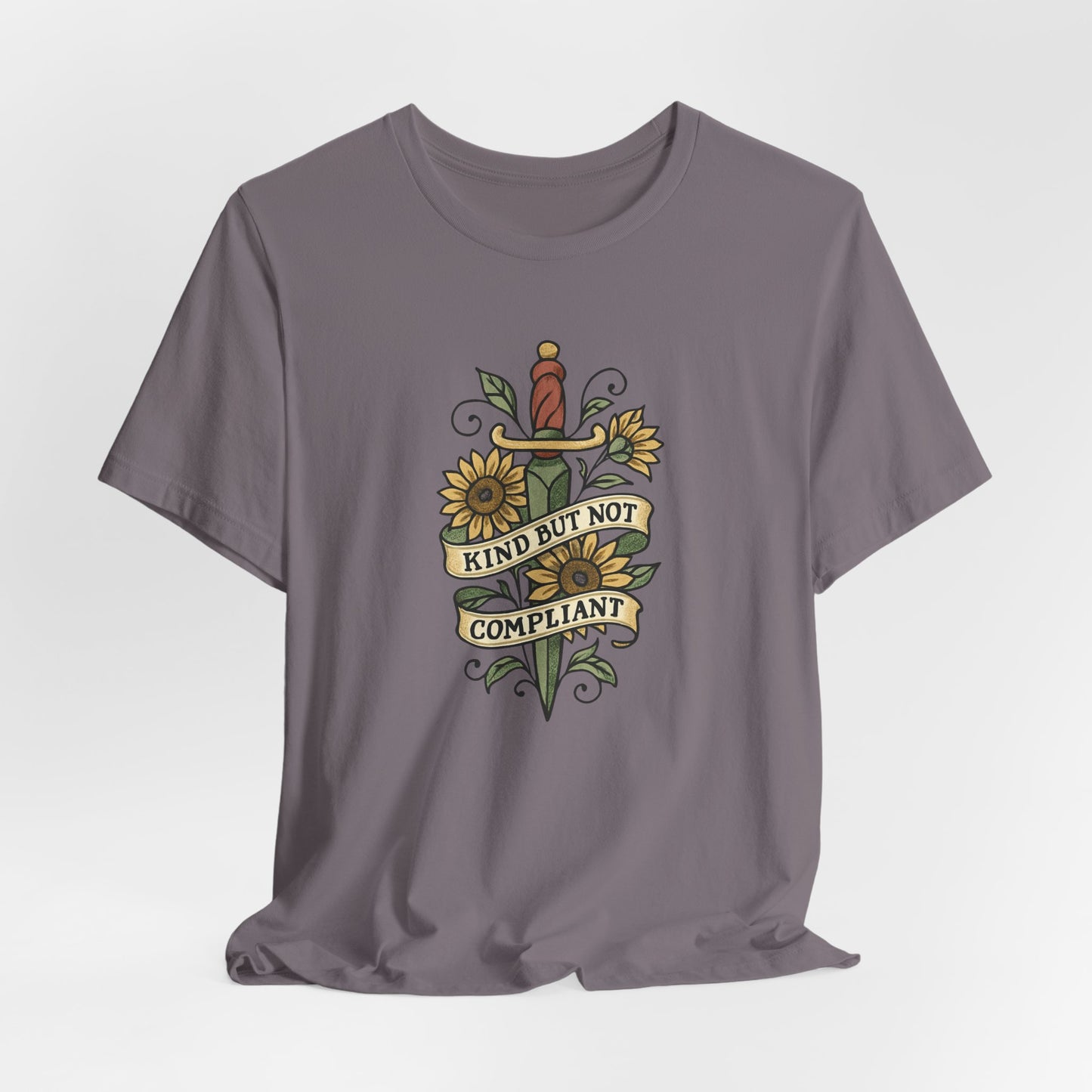 Kind But Not Compliant T-Shirt – Feminine Power Sword & Sunflowers Tattoo-Style Tee