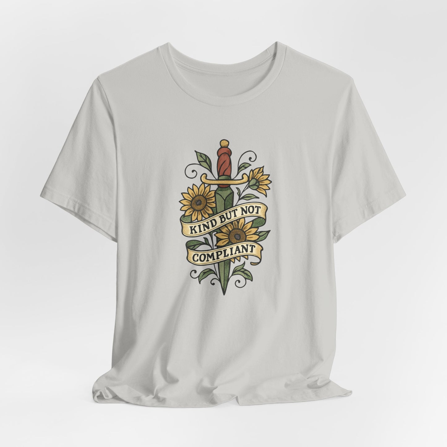 Kind But Not Compliant T-Shirt – Feminine Power Sword & Sunflowers Tattoo-Style Tee