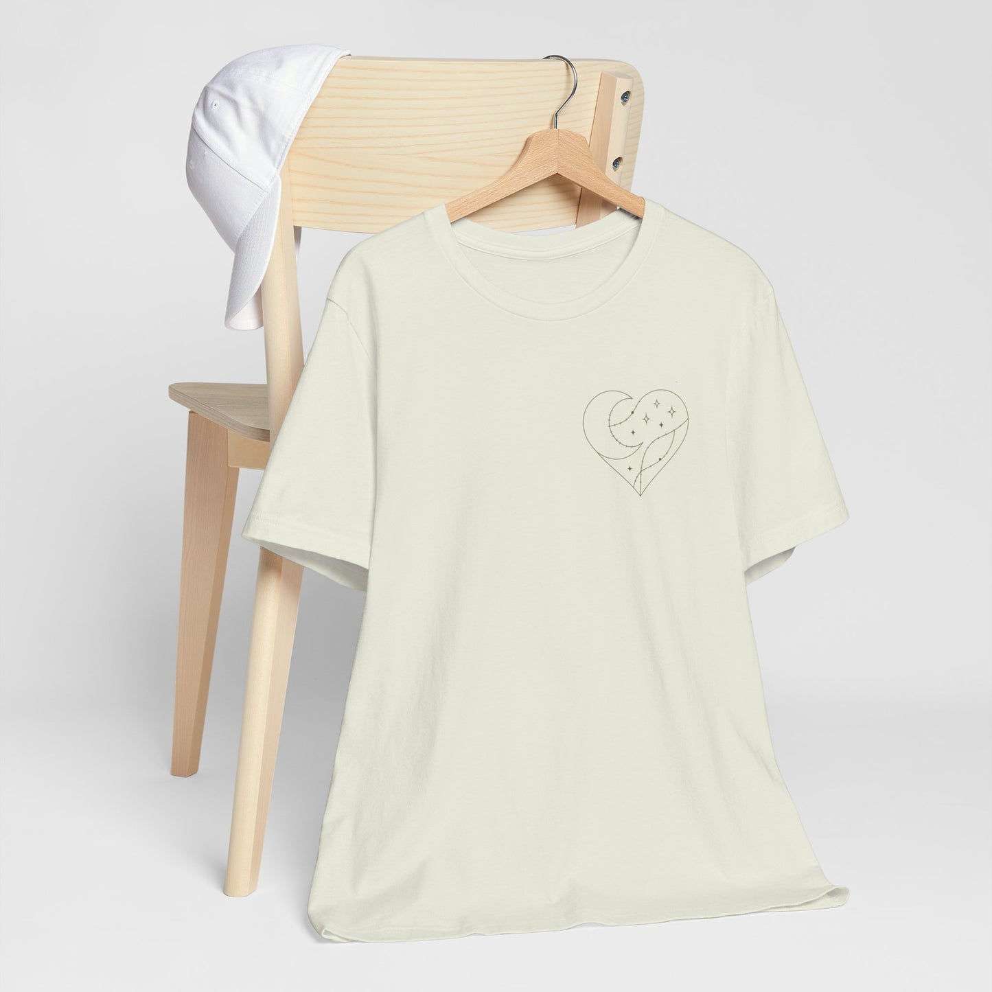 Cosmic Heart Pocket Tee – Minimalist Moon & Stars Graphic T-Shirt | Unisex Spiritual Gift Top