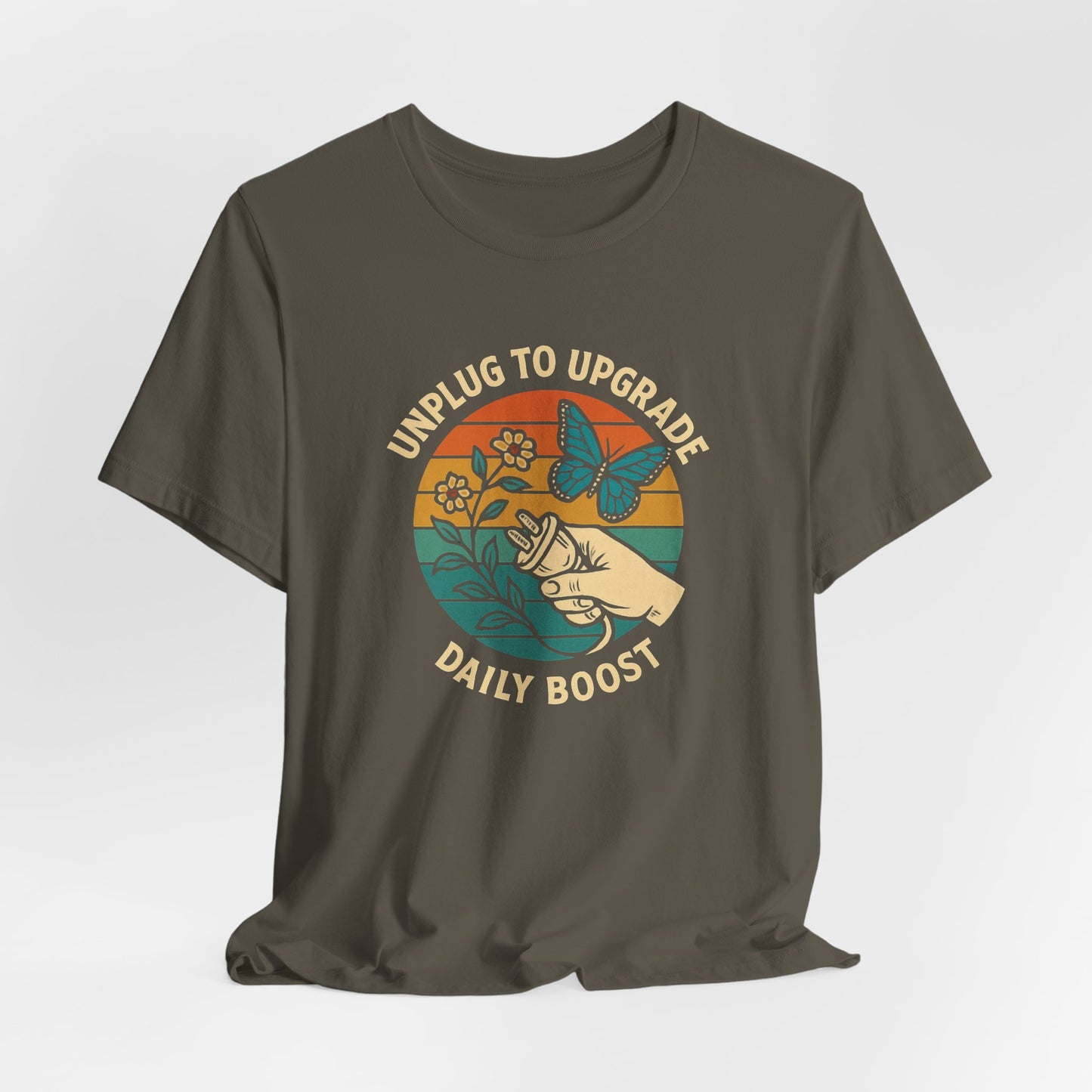 Unplug to Upgrade T-Shirt – Retro Nature & Butterfly Graphic Tee